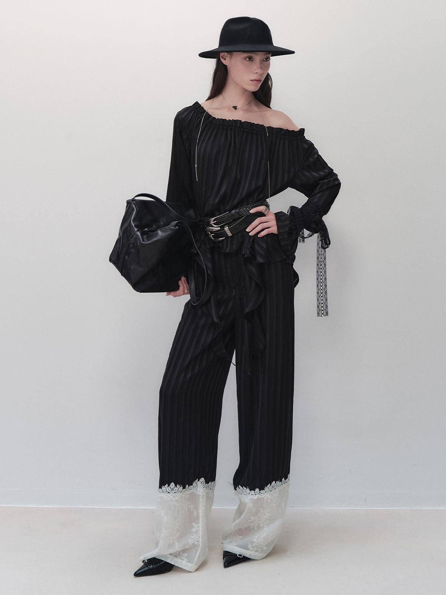 AnnoMundi Floral Embroidered Lace Trim Striped Trousers