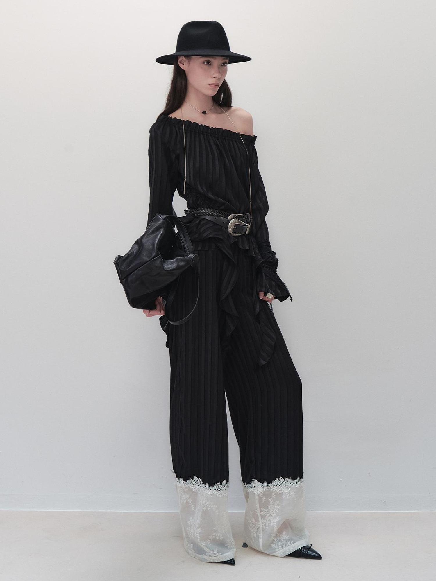 AnnoMundi Floral Embroidered Lace Trim Striped Trousers