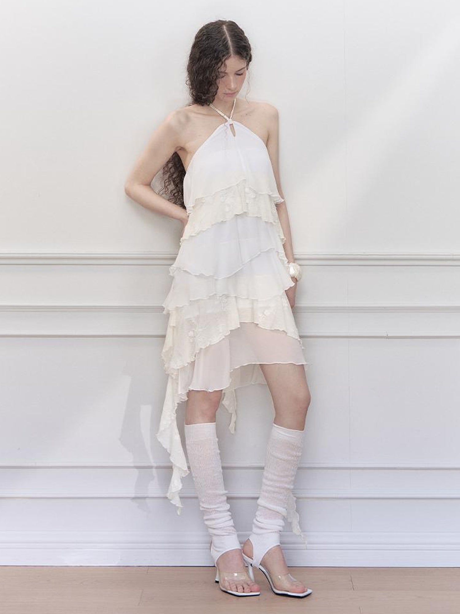 AnnoMundi Floral Embroidered Sheath Chiffon Mini Dress V Neck