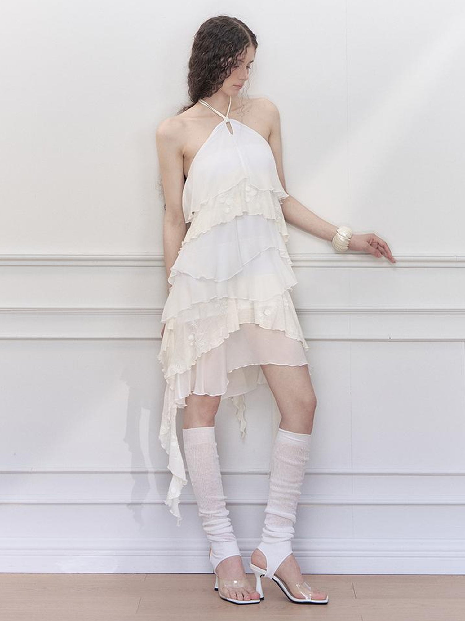 AnnoMundi Floral Embroidered Sheath Chiffon Mini Dress V Neck