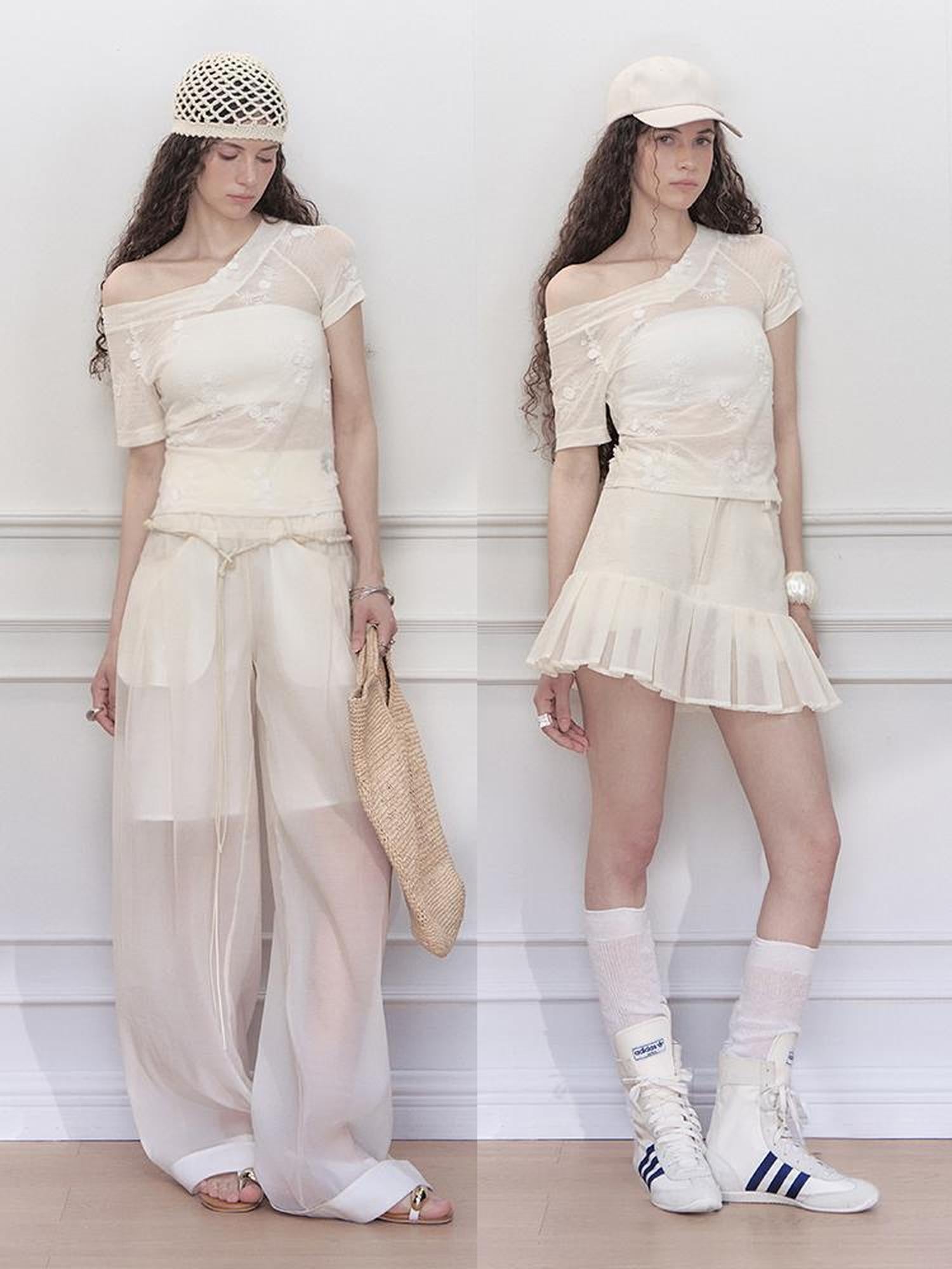 AnnoMundi Floral Embroidered Sheer V Neck Tee