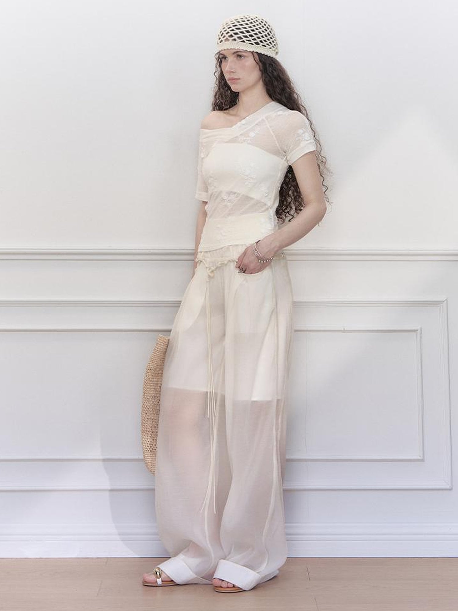 AnnoMundi Floral Embroidered Sheer V Neck Tee
