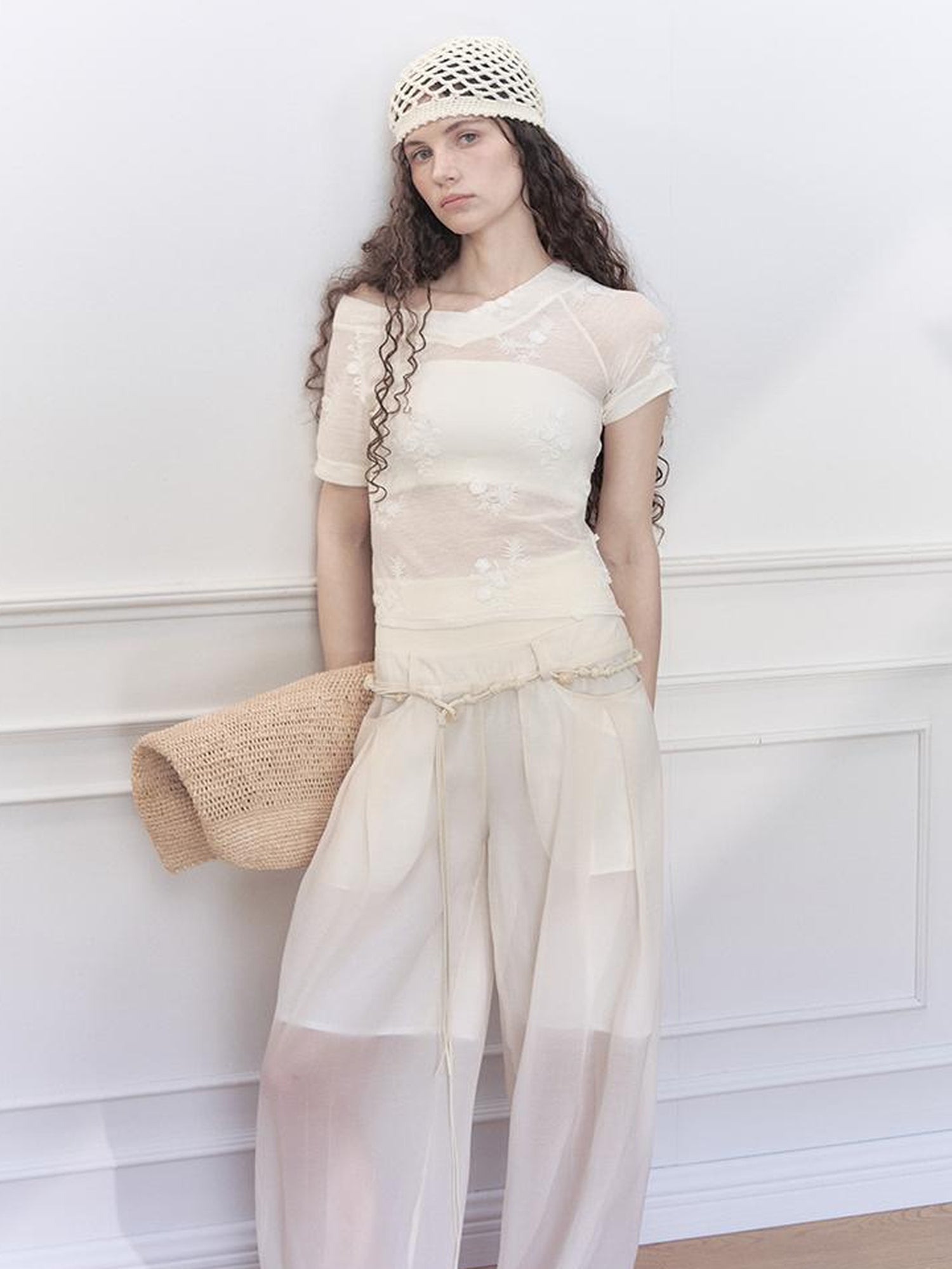 AnnoMundi Floral Embroidered Sheer V Neck Tee