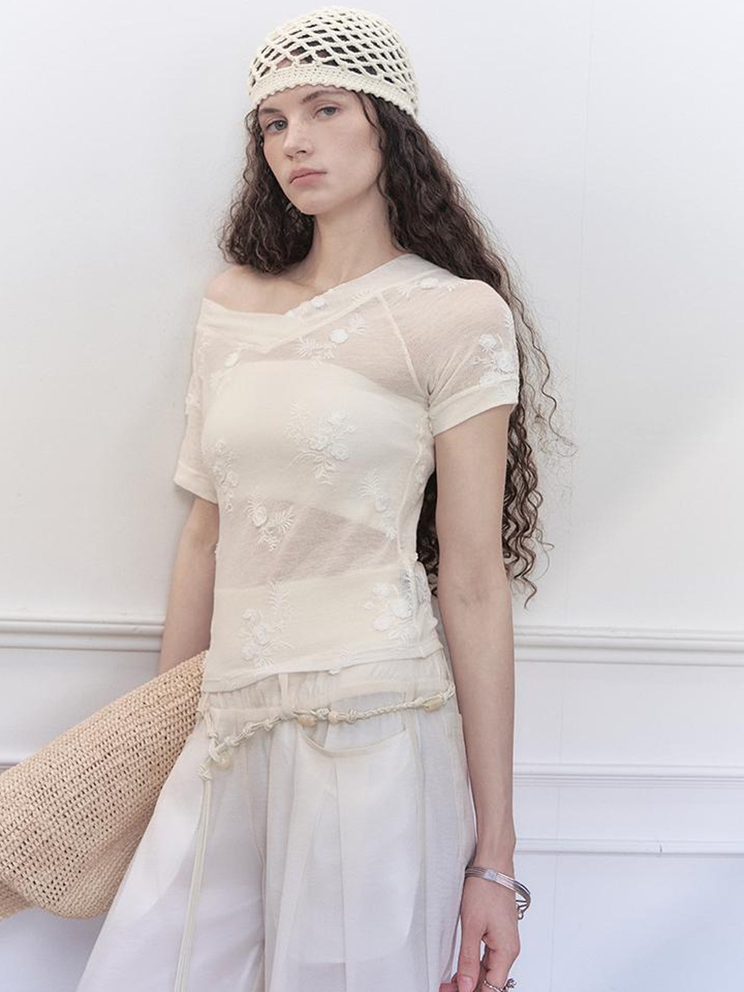 AnnoMundi Floral Embroidered Sheer V Neck Tee