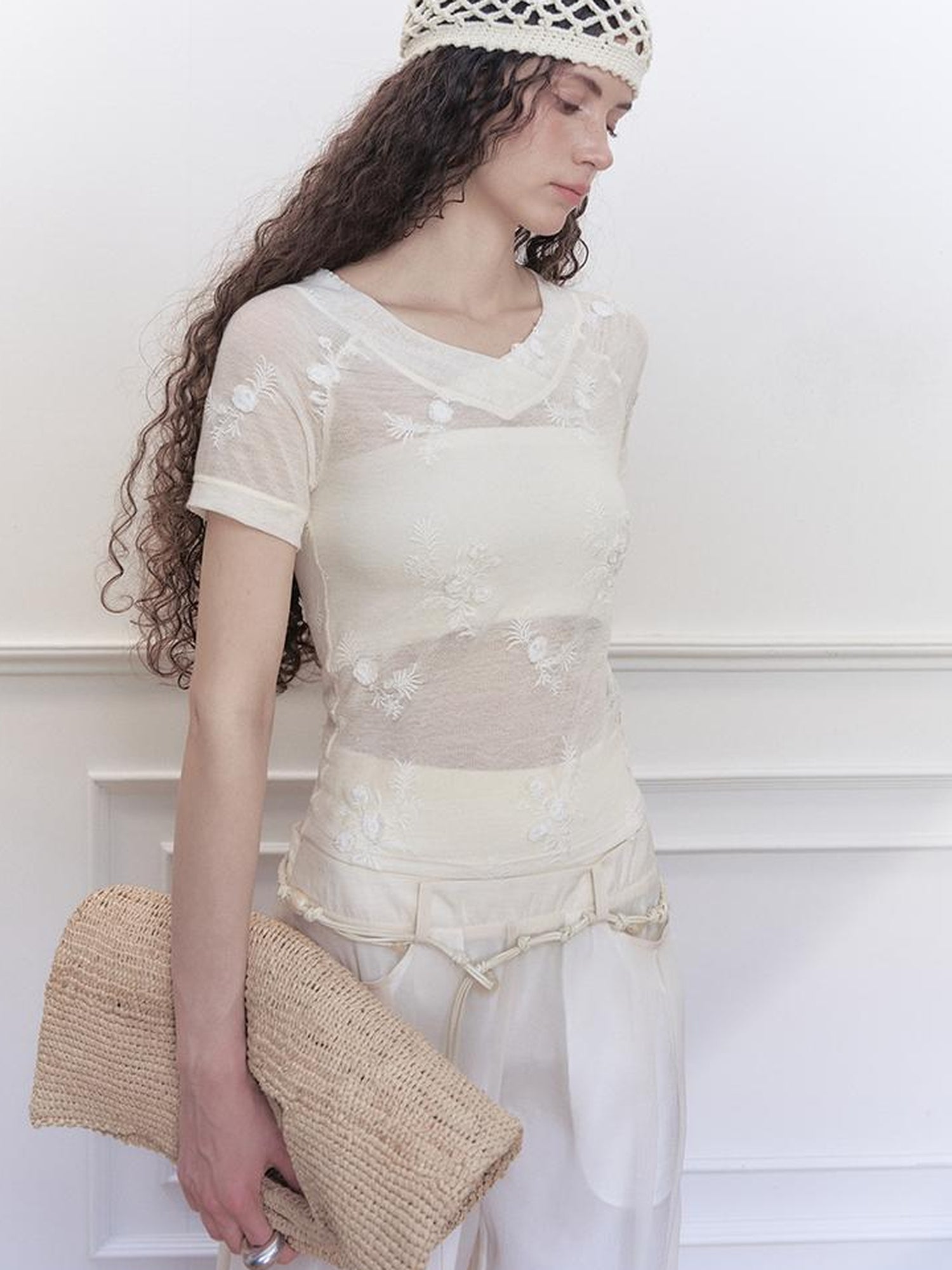 AnnoMundi Floral Embroidered Sheer V Neck Tee