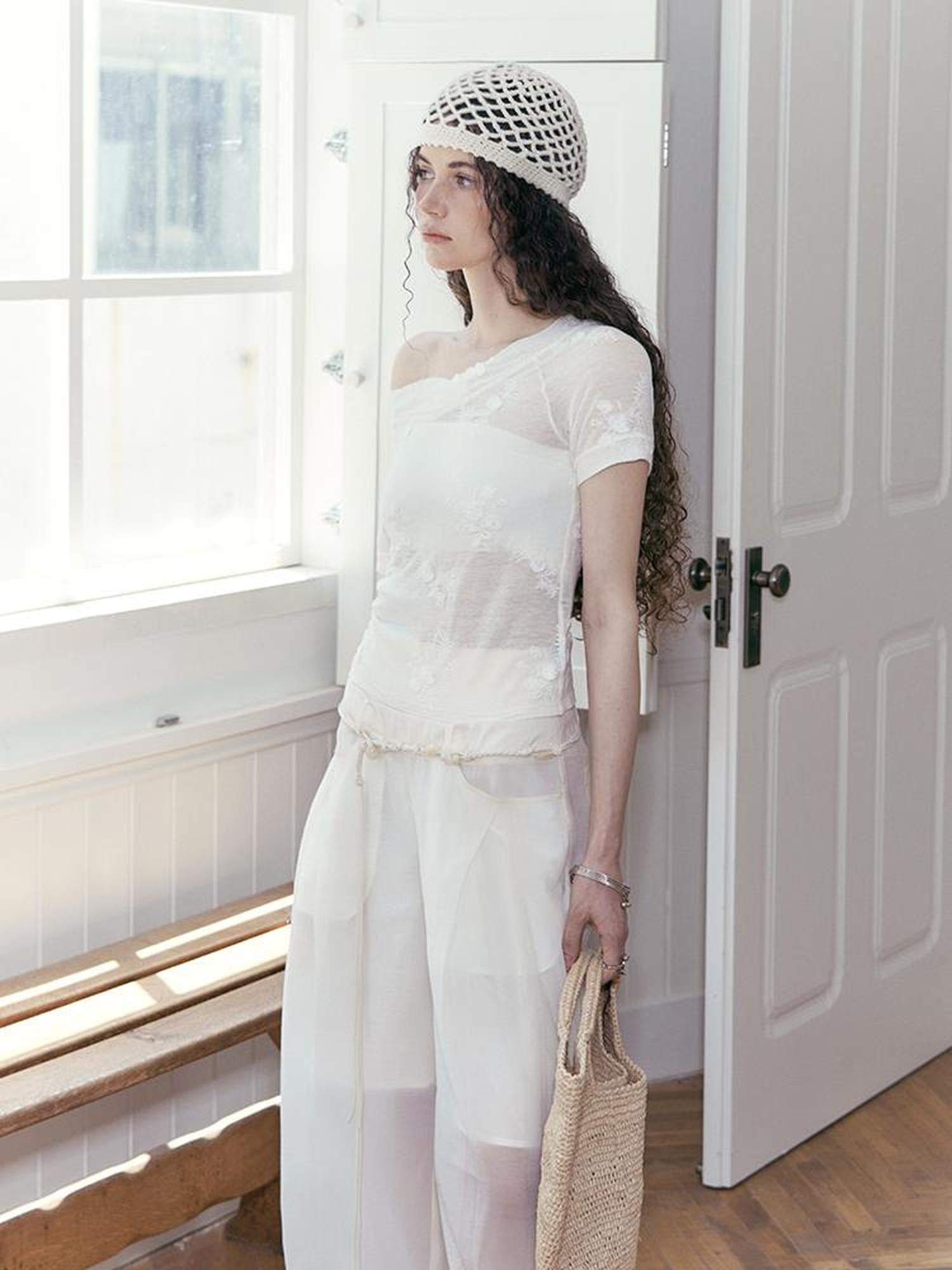 AnnoMundi Floral Embroidered Sheer V Neck Tee