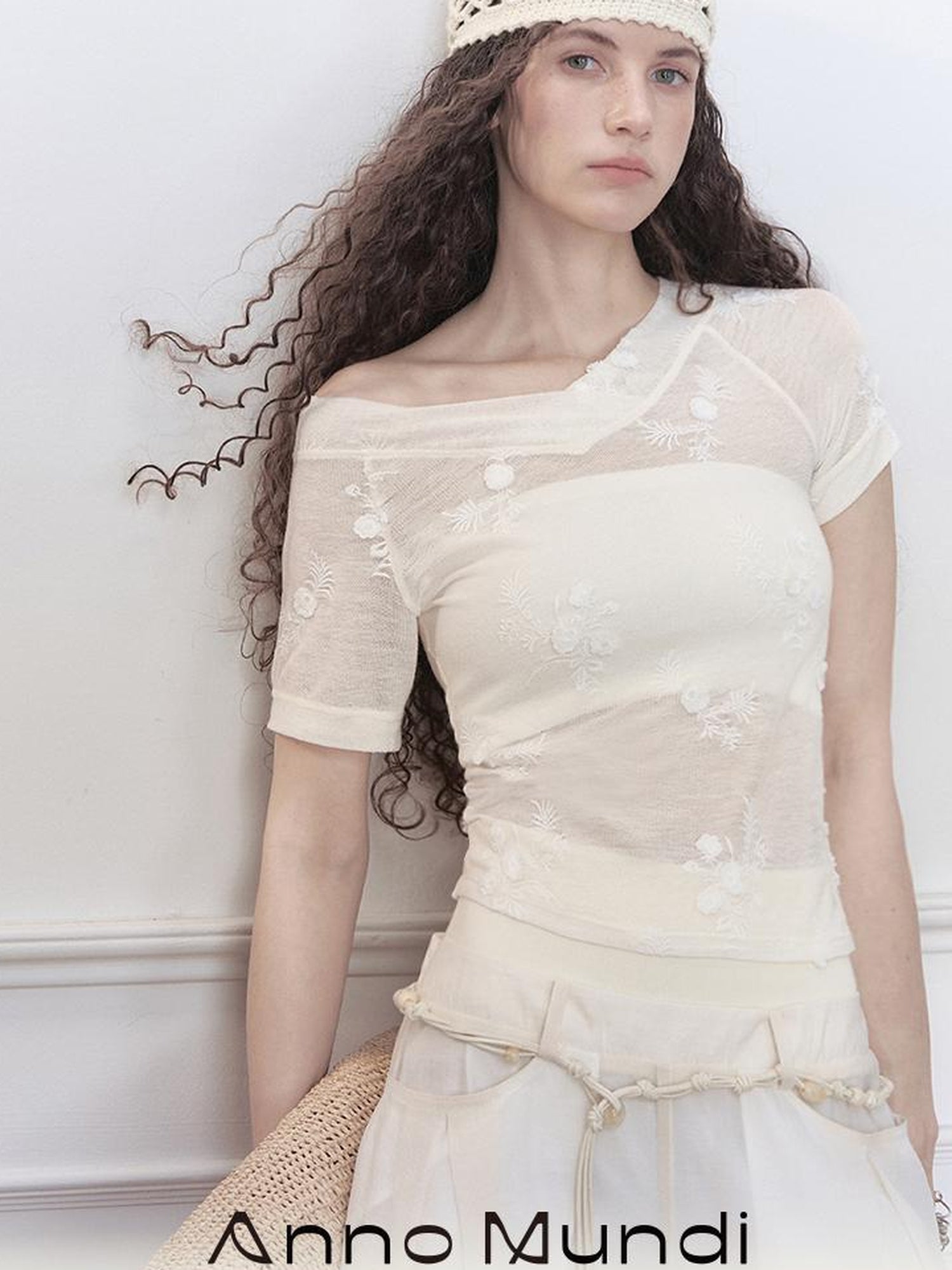 AnnoMundi Floral Embroidered Sheer V Neck Tee