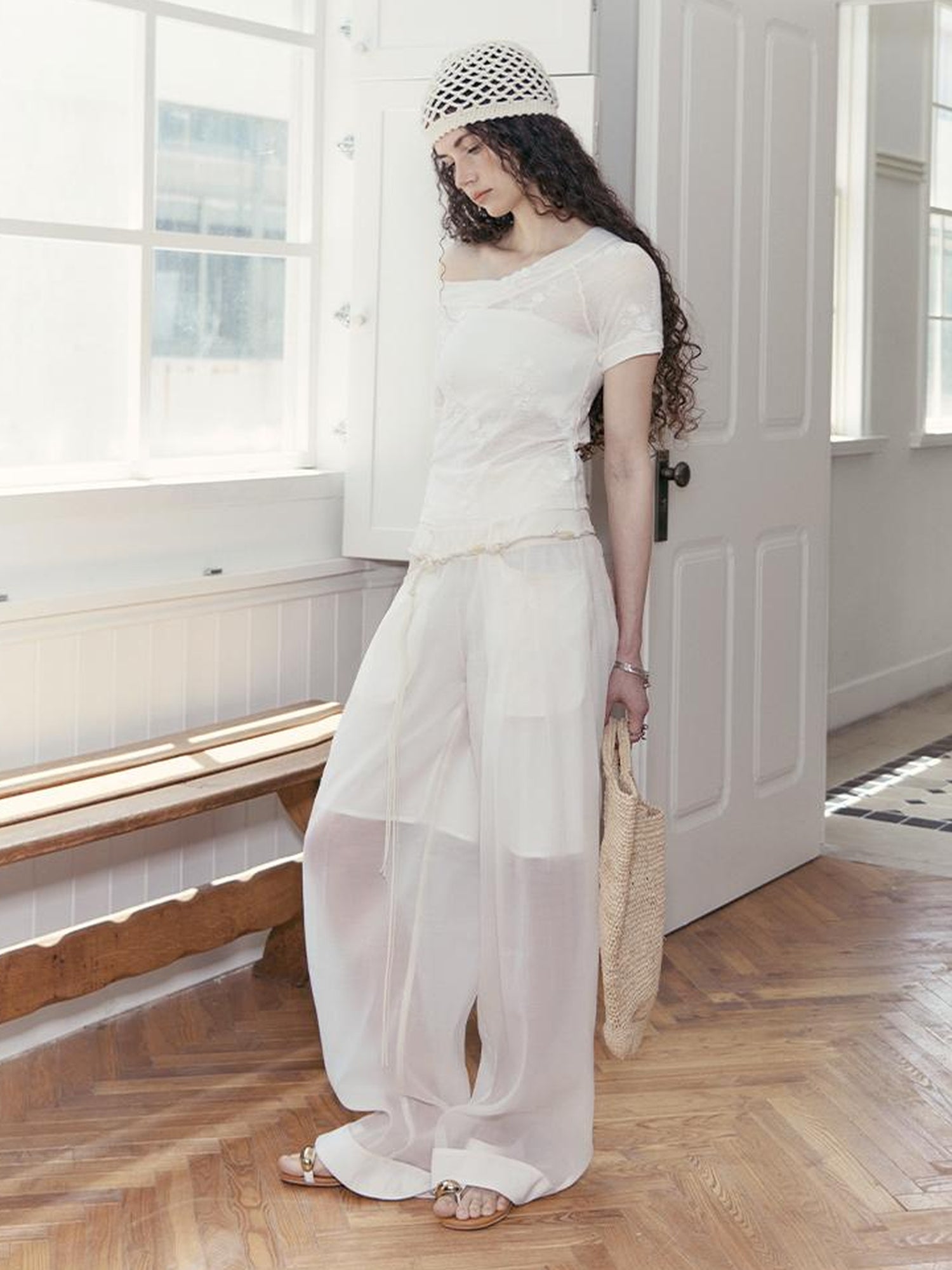 AnnoMundi Floral Embroidered Sheer V Neck Tee