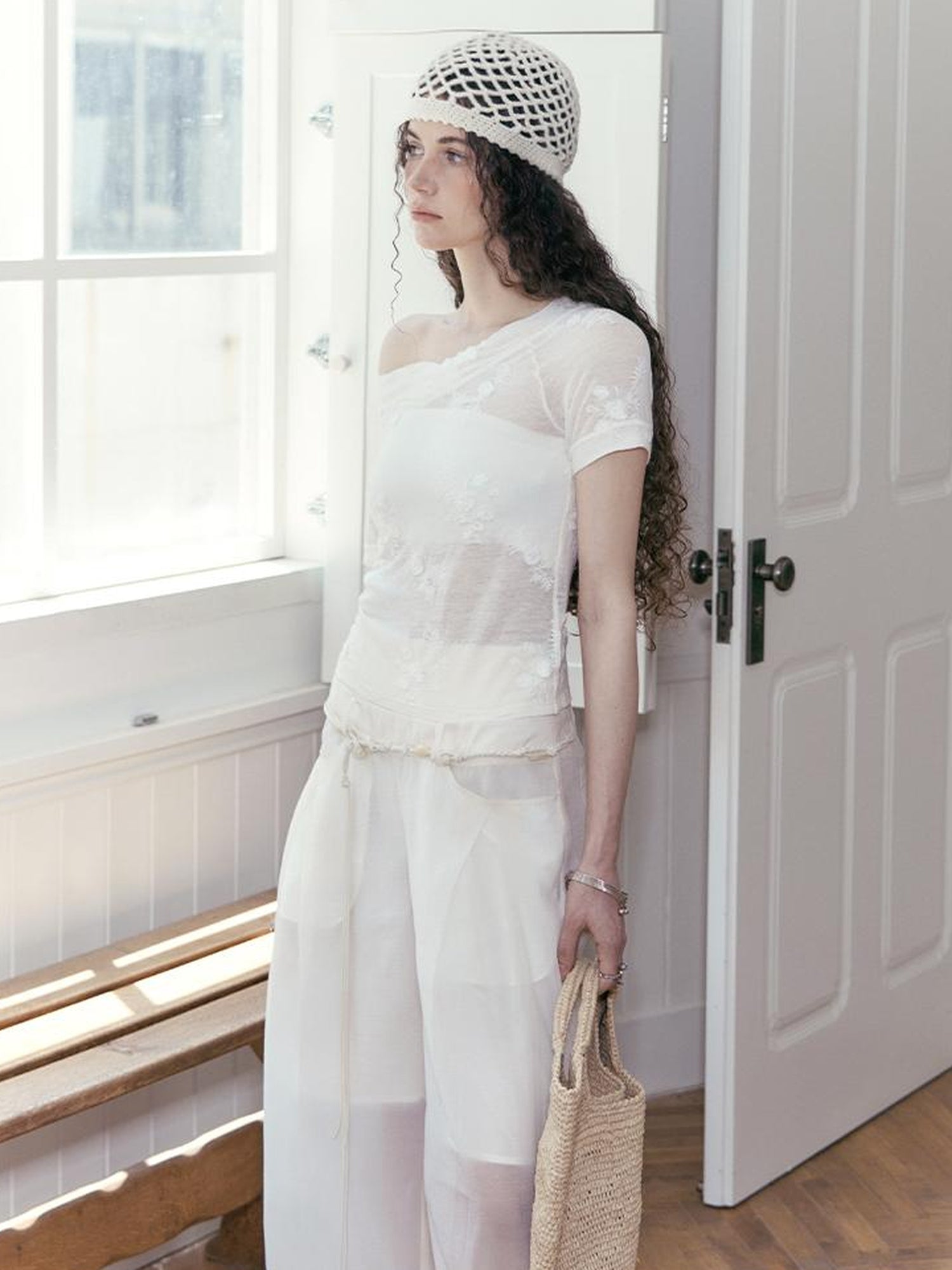 AnnoMundi Floral Embroidered Sheer V Neck Tee