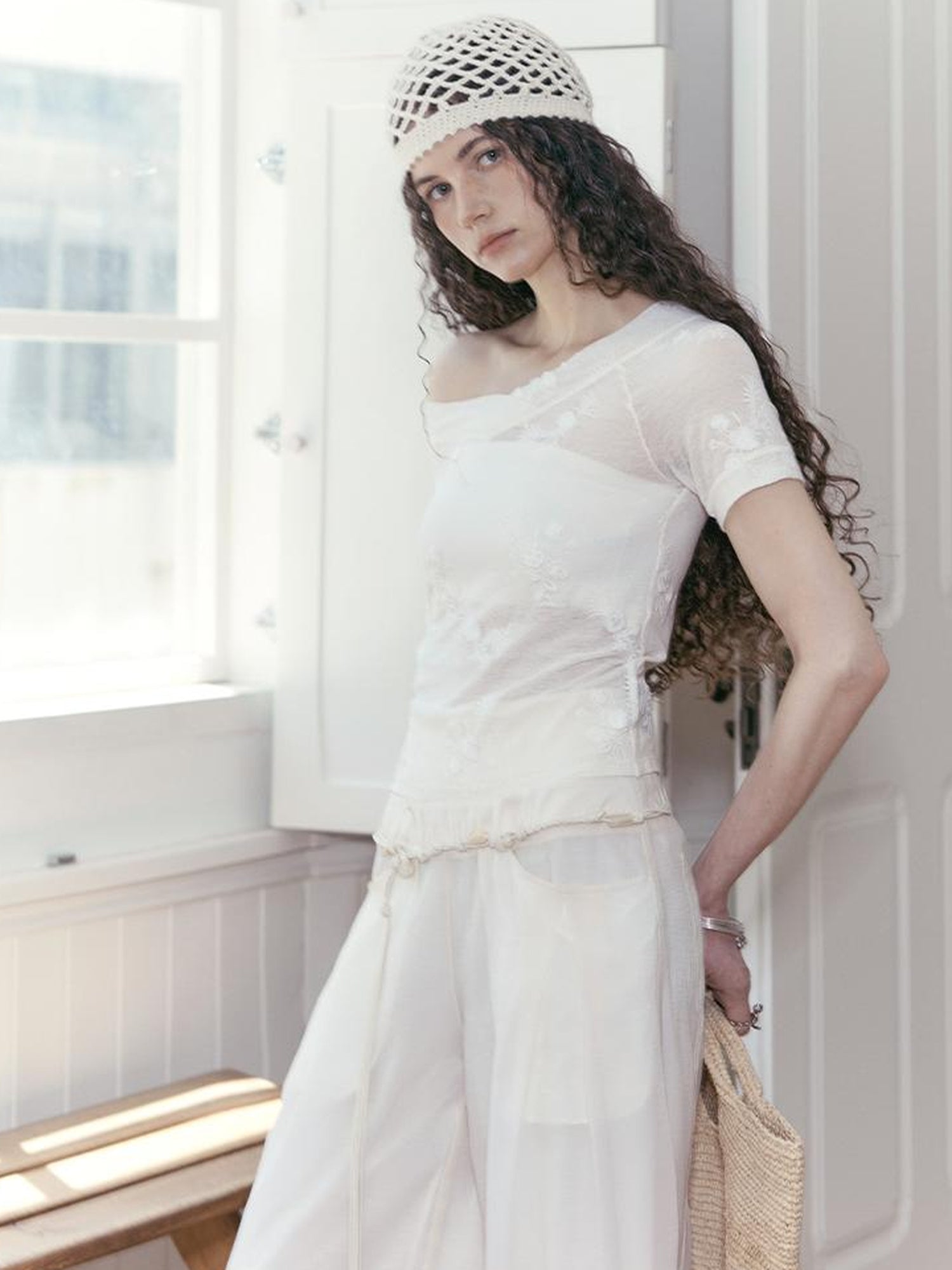 AnnoMundi Floral Embroidered Sheer V Neck Tee