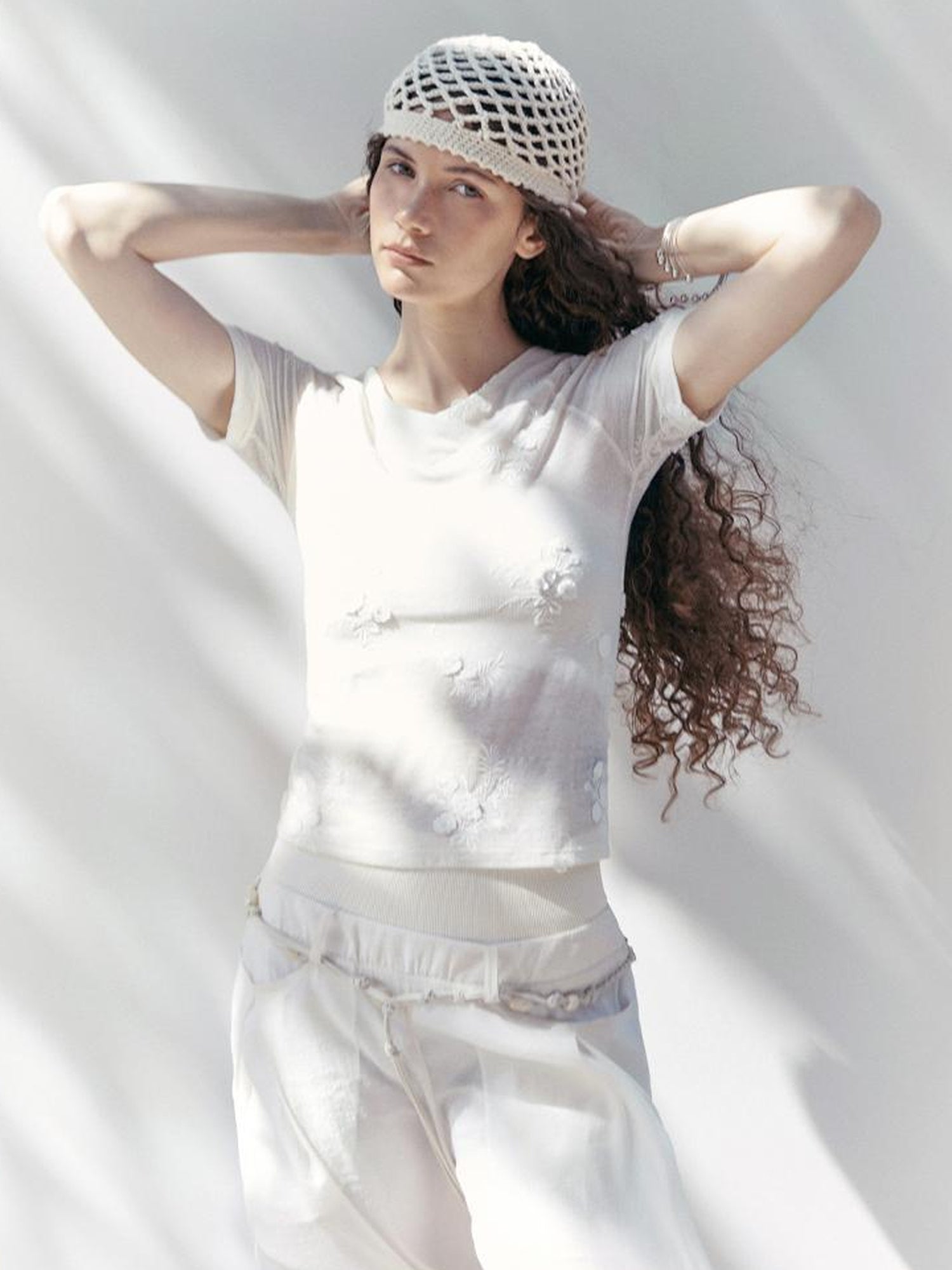 AnnoMundi Floral Embroidered Sheer V Neck Tee