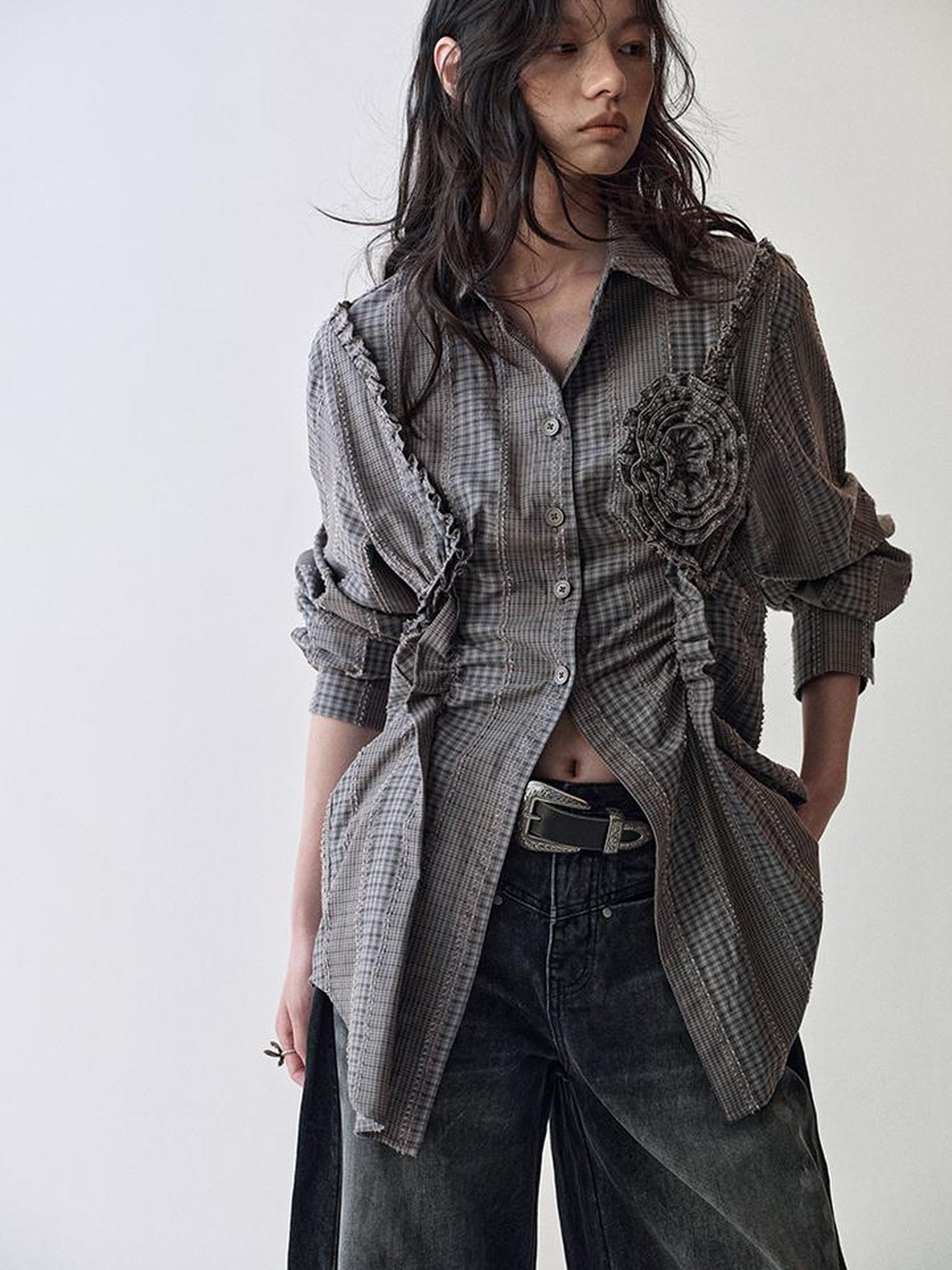 AnnoMundi Floral Pleat Checkered Shirt Skirt Set