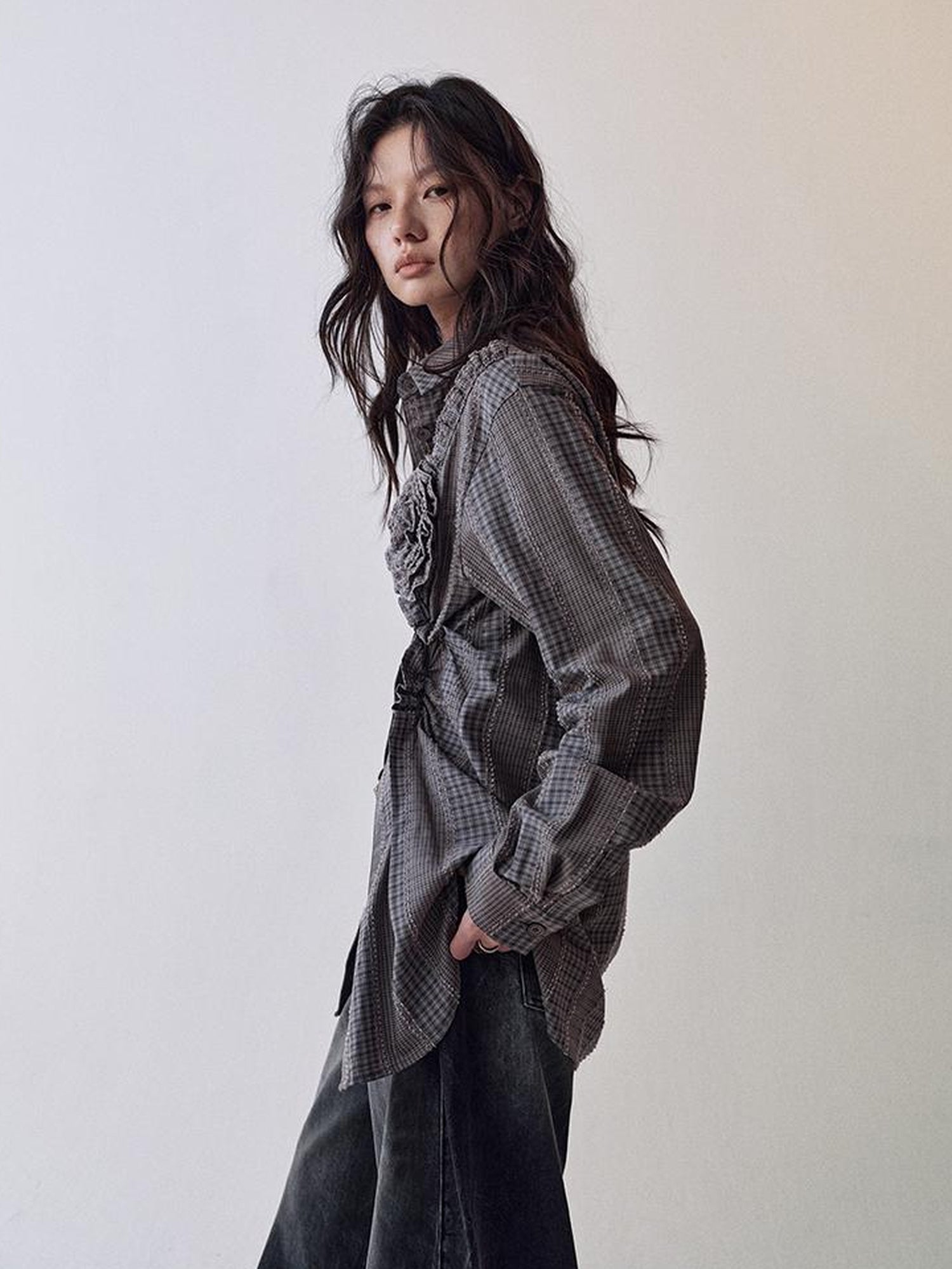 AnnoMundi Floral Pleat Checkered Shirt Skirt Set