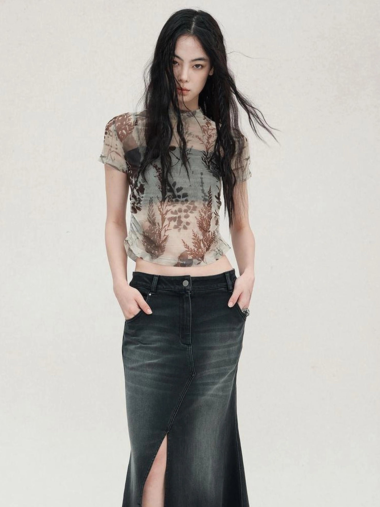 AnnoMundi Floral Veil Sheer Mesh Tee V-neck T-shirt Long Sleeve T-shirt