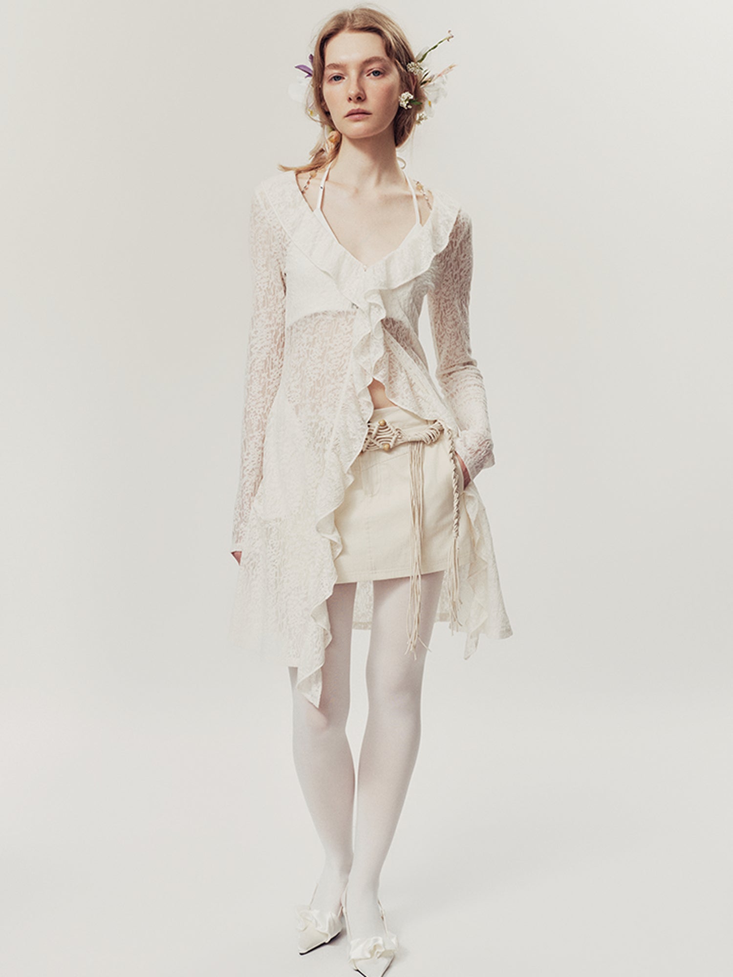 AnnoMundi Floral Veil Sun Kissed Cover Up V-Neck T-Shirt Long Sleeve