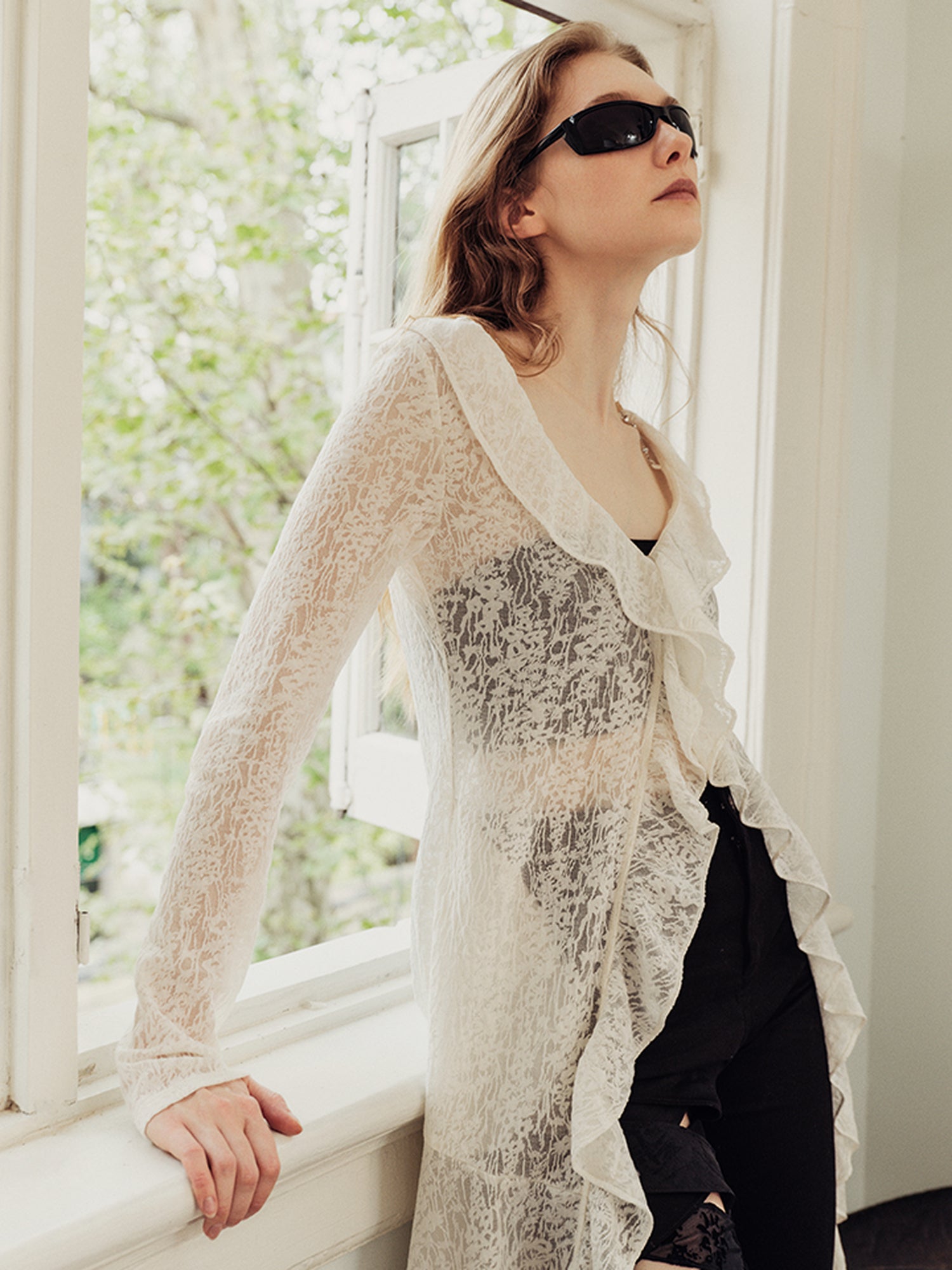 AnnoMundi Floral Veil Sun Kissed Cover Up V-Neck T-Shirt Long Sleeve