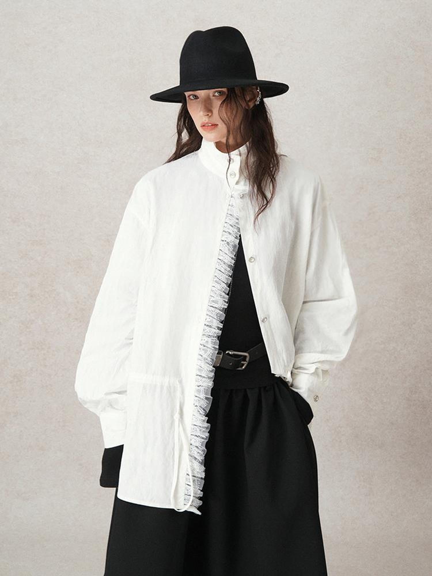 AnnoMundi French Lace Blouse With Drawstring Neckline And Floral Embroidery