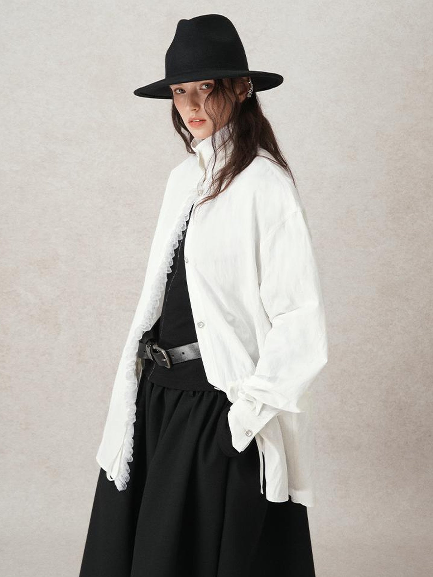 AnnoMundi French Lace Blouse With Drawstring Neckline And Floral Embroidery