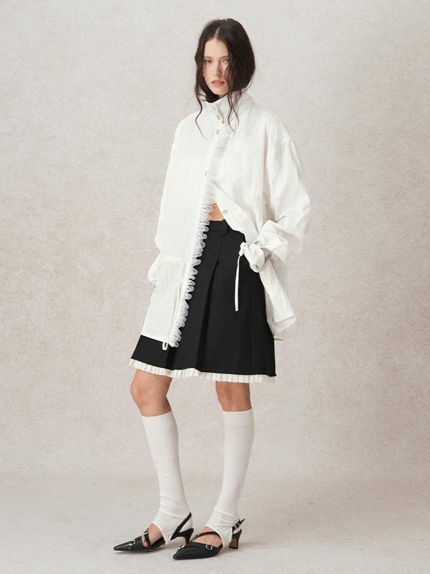 AnnoMundi French Lace Blouse With Drawstring Neckline And Floral Embroidery