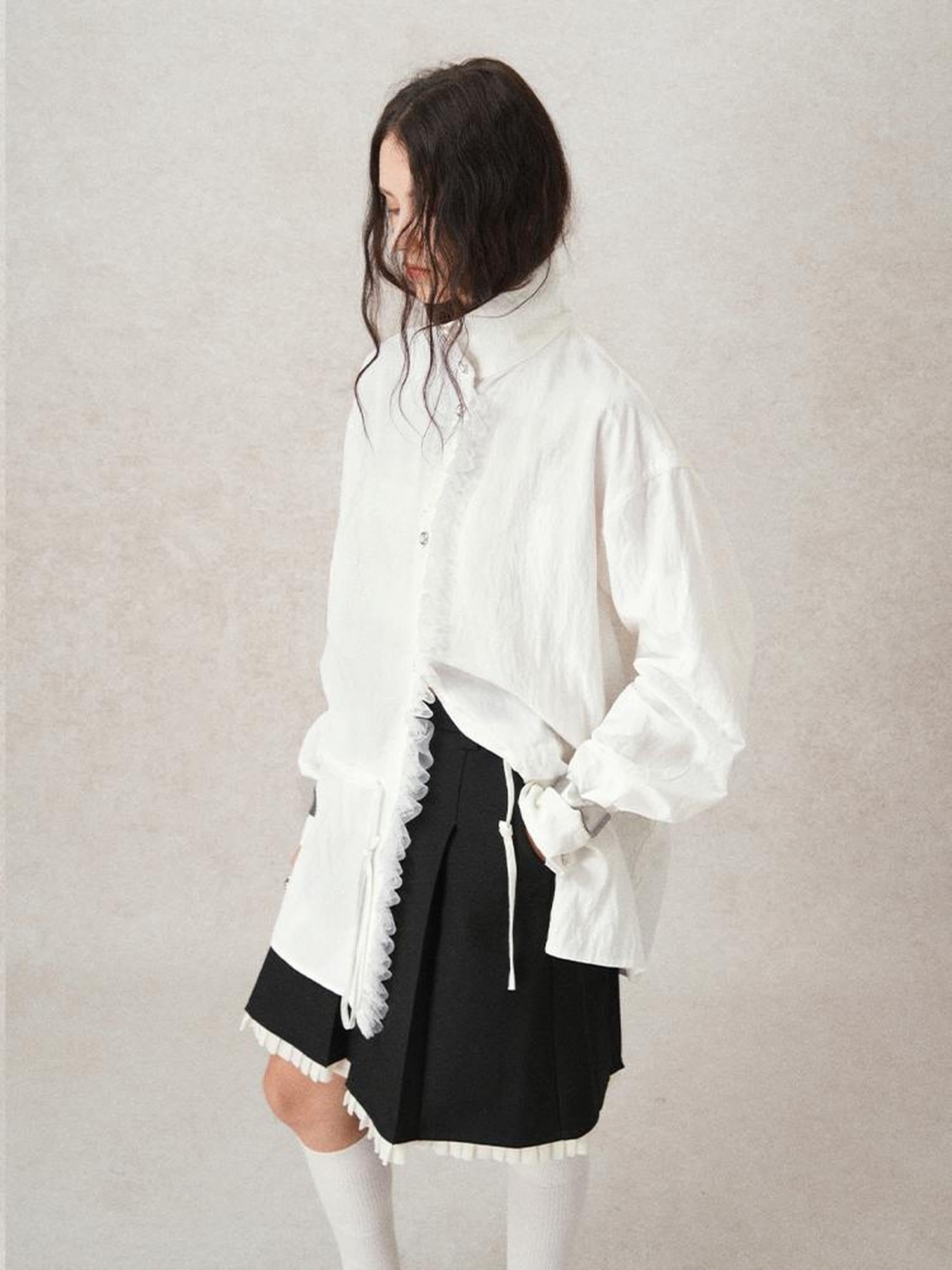 AnnoMundi French Lace Blouse With Drawstring Neckline And Floral Embroidery