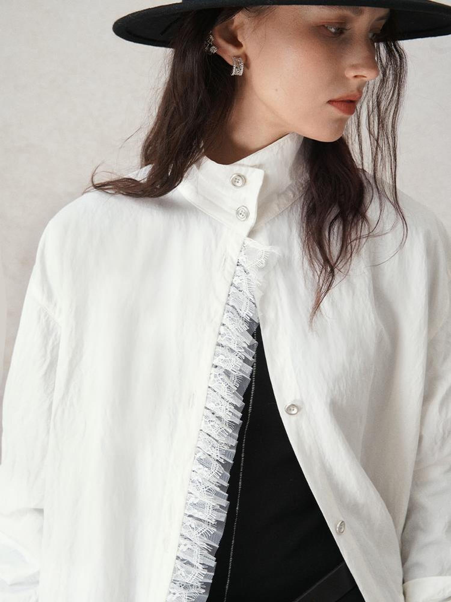 AnnoMundi French Lace Blouse With Drawstring Neckline And Floral Embroidery
