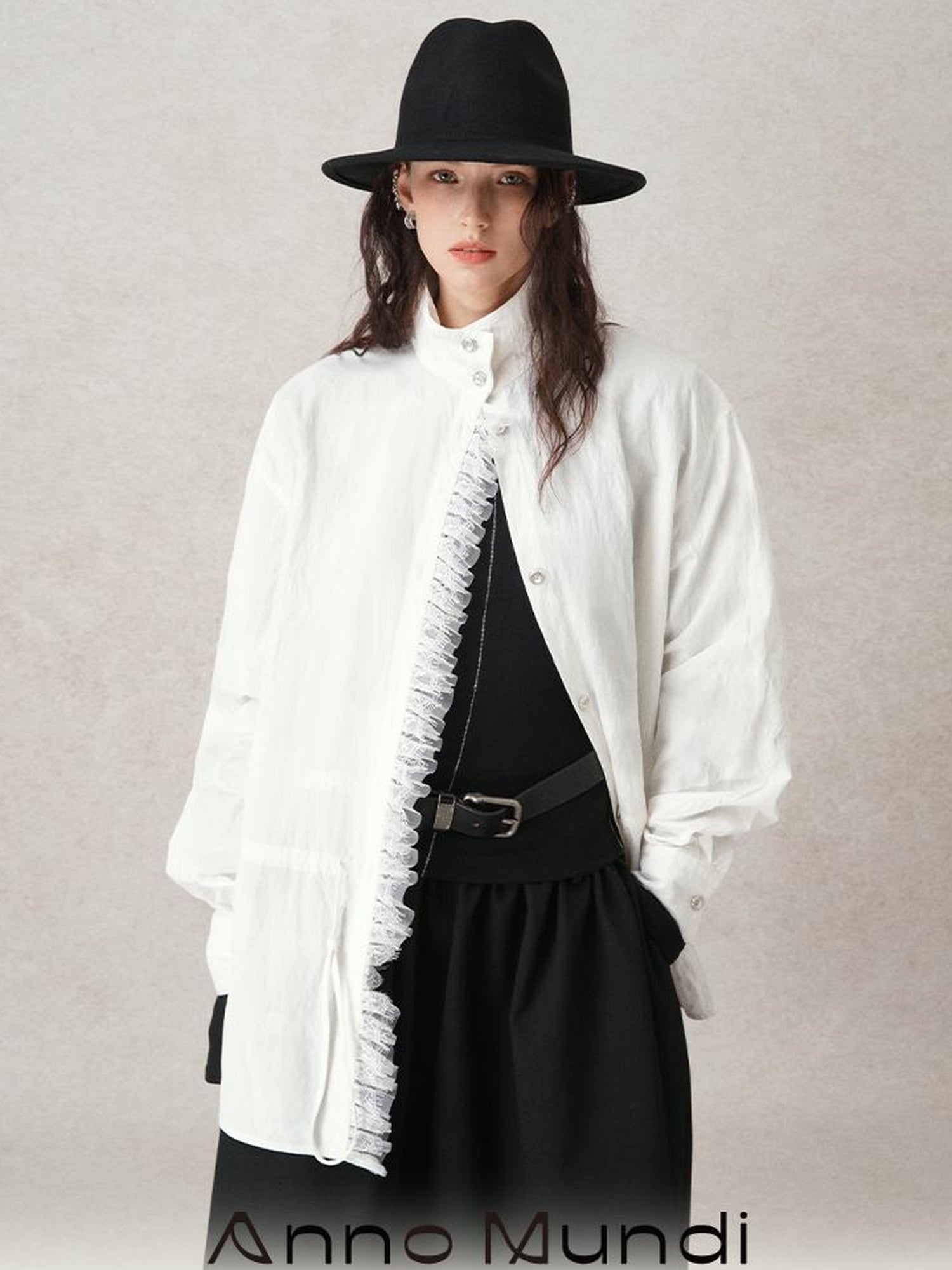 AnnoMundi French Lace Blouse With Drawstring Neckline And Floral Embroidery