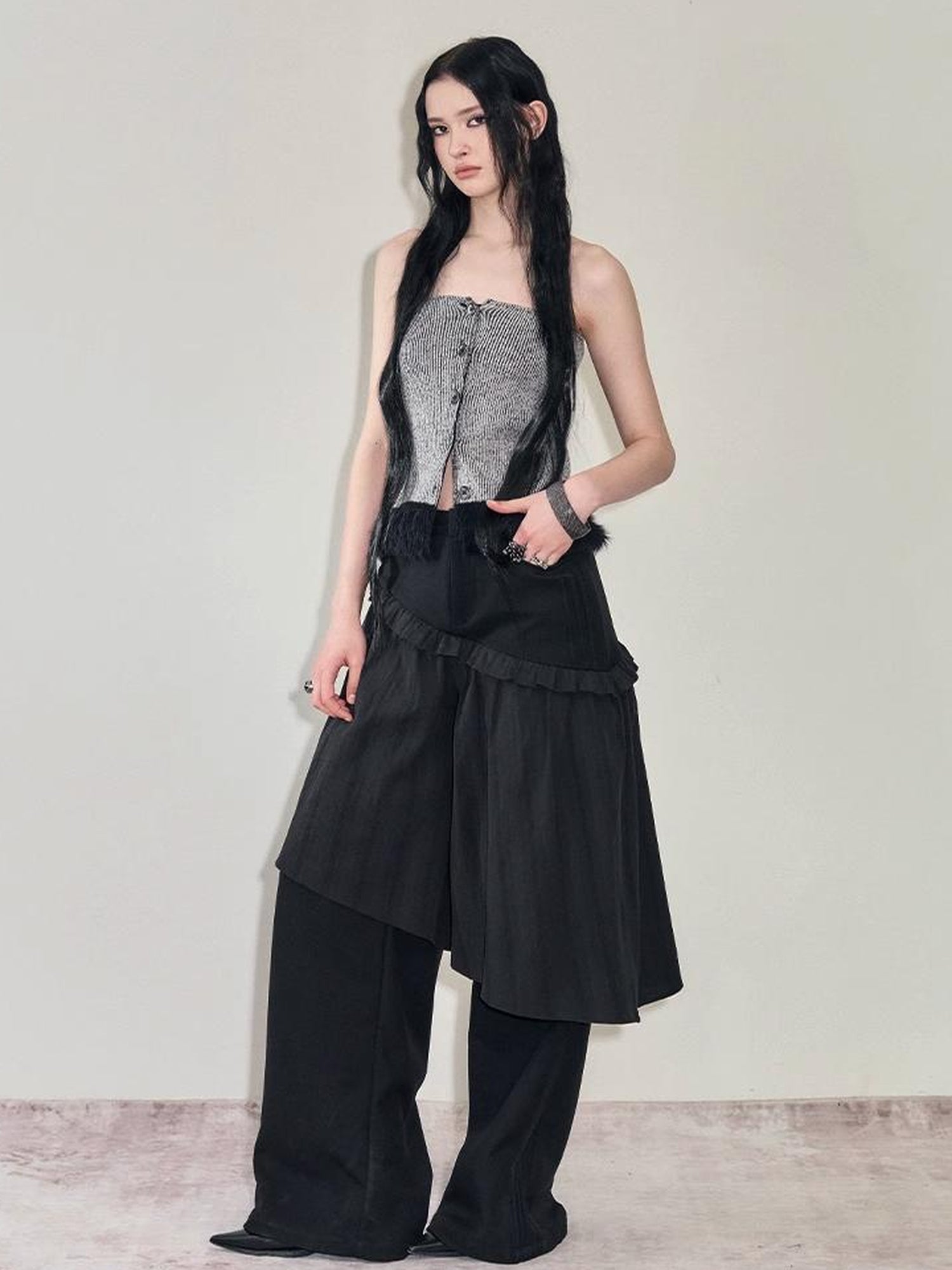 AnnoMundi French Style Layered Ruffle Wide Leg Palazzo Pants