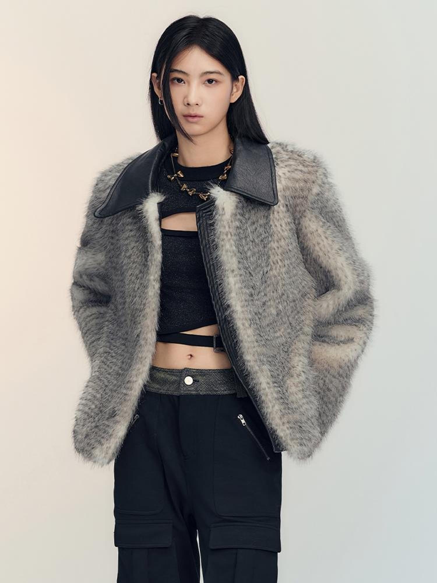 AnnoMundi Gradient Dyed Cropped Faux Fur Coat With PU Trim