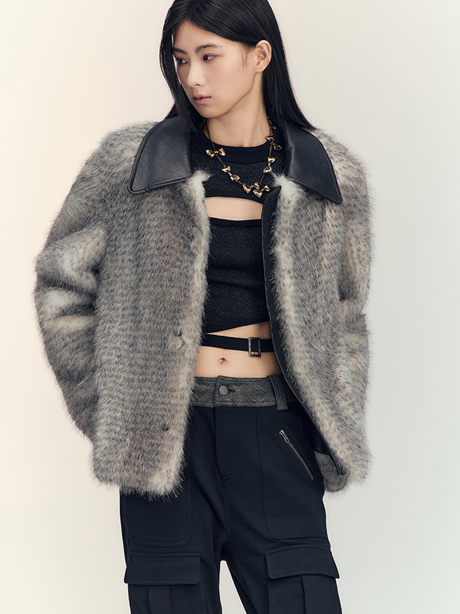 AnnoMundi Gradient Dyed Cropped Faux Fur Coat With PU Trim