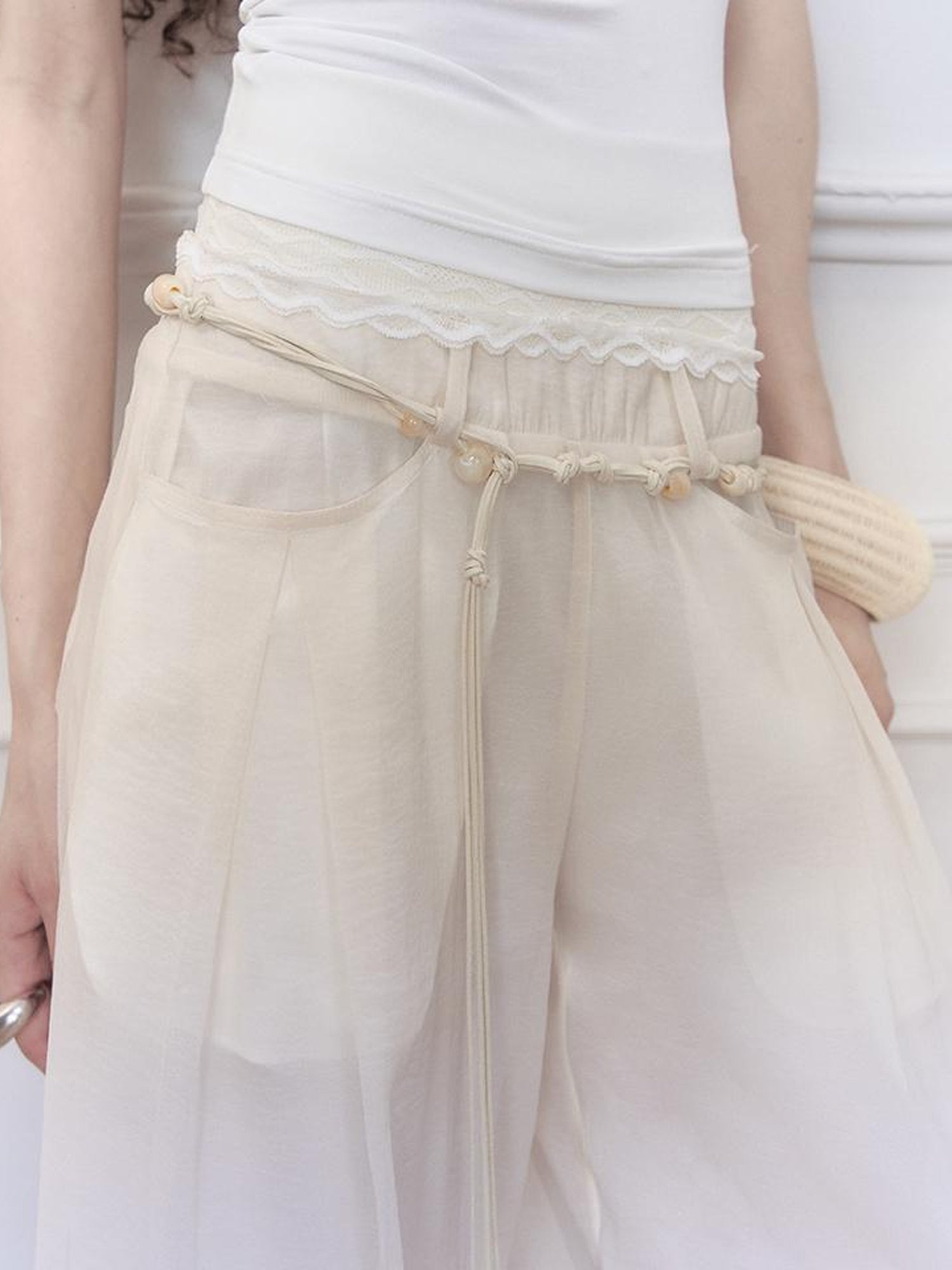AnnoMundi Hand Beaded Wide Leg Palazzo Pants with Sheer Panels