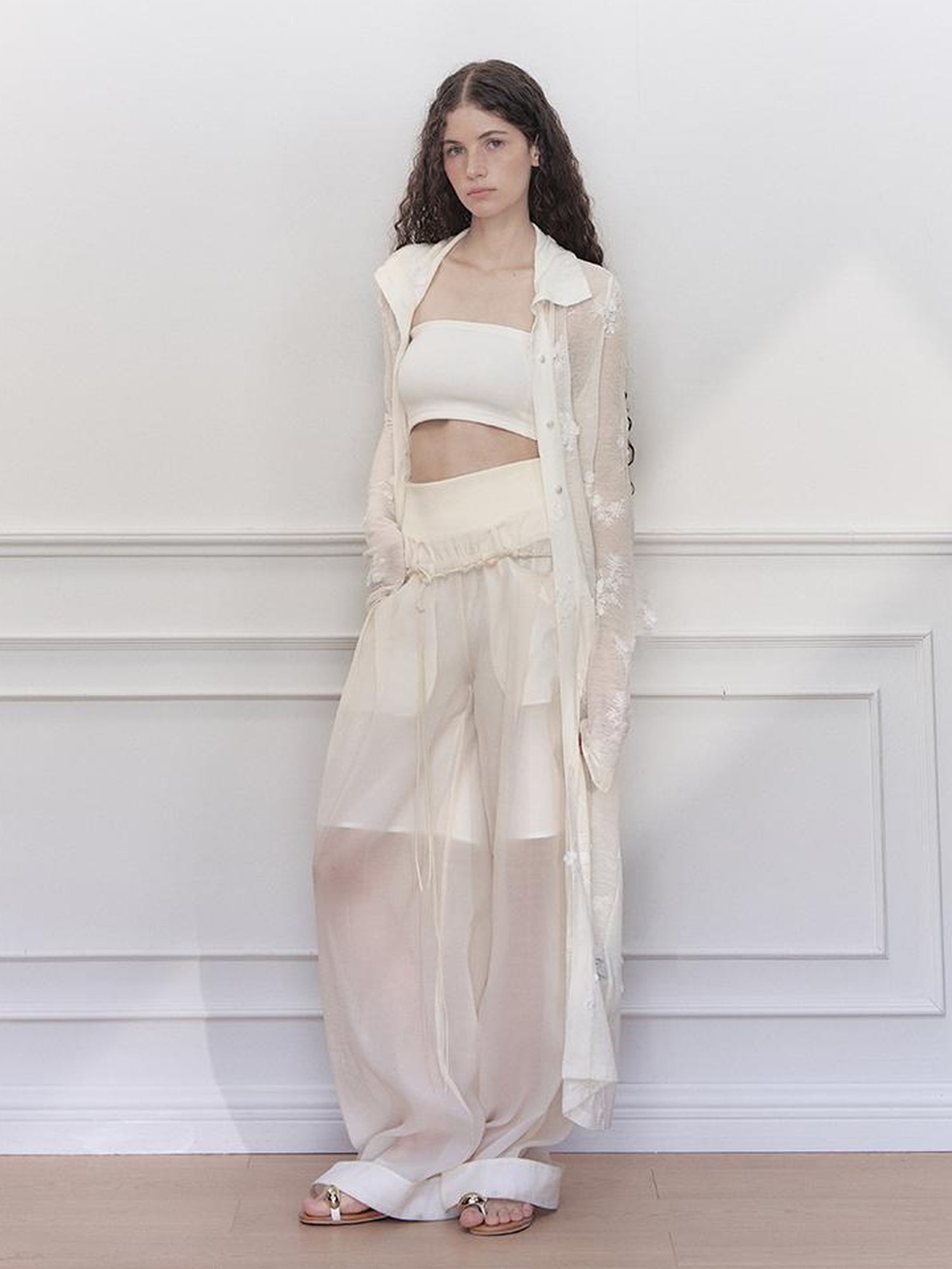 AnnoMundi Hand Beaded Wide Leg Palazzo Pants with Sheer Panels