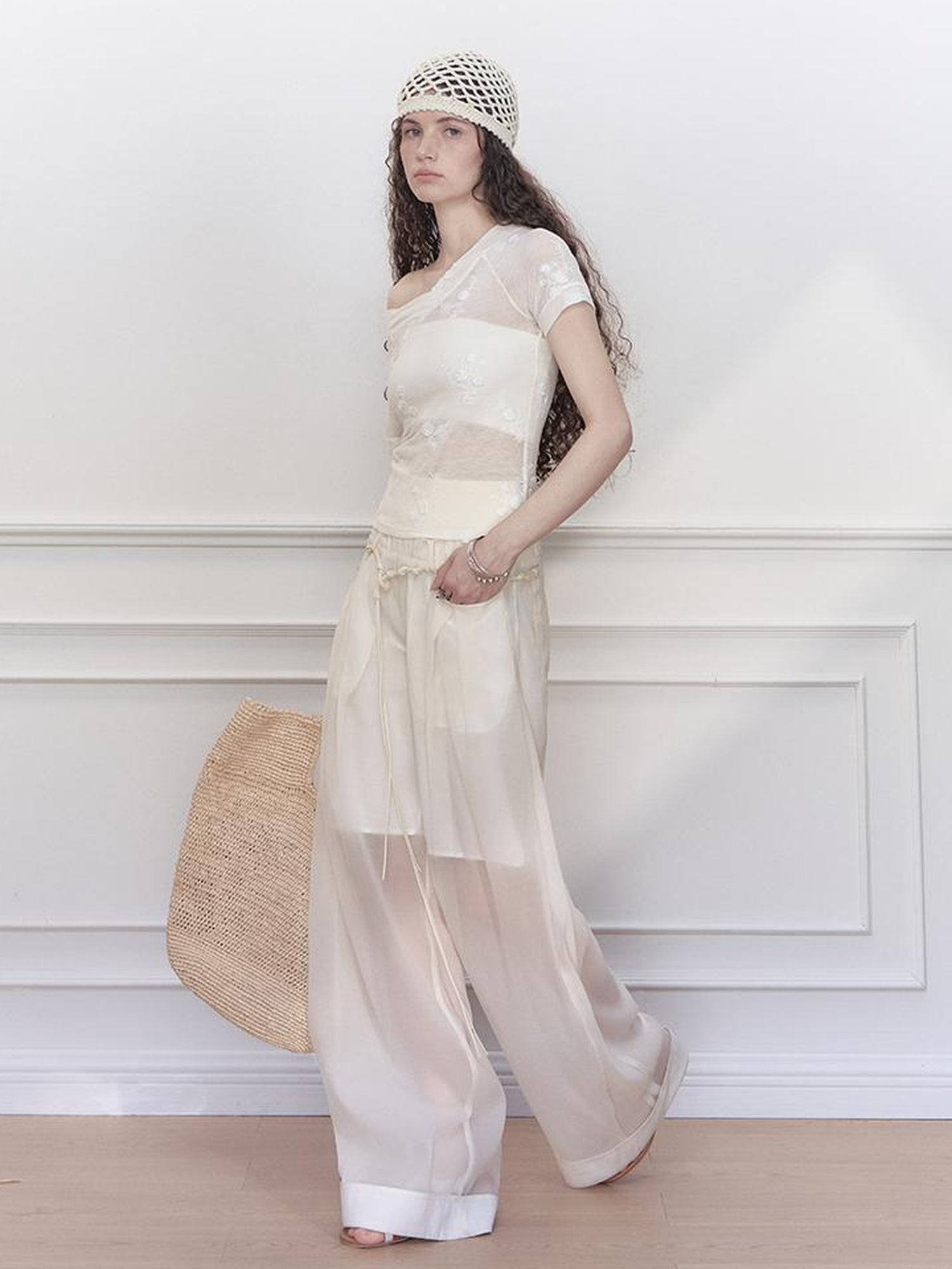 AnnoMundi Hand Beaded Wide Leg Palazzo Pants with Sheer Panels