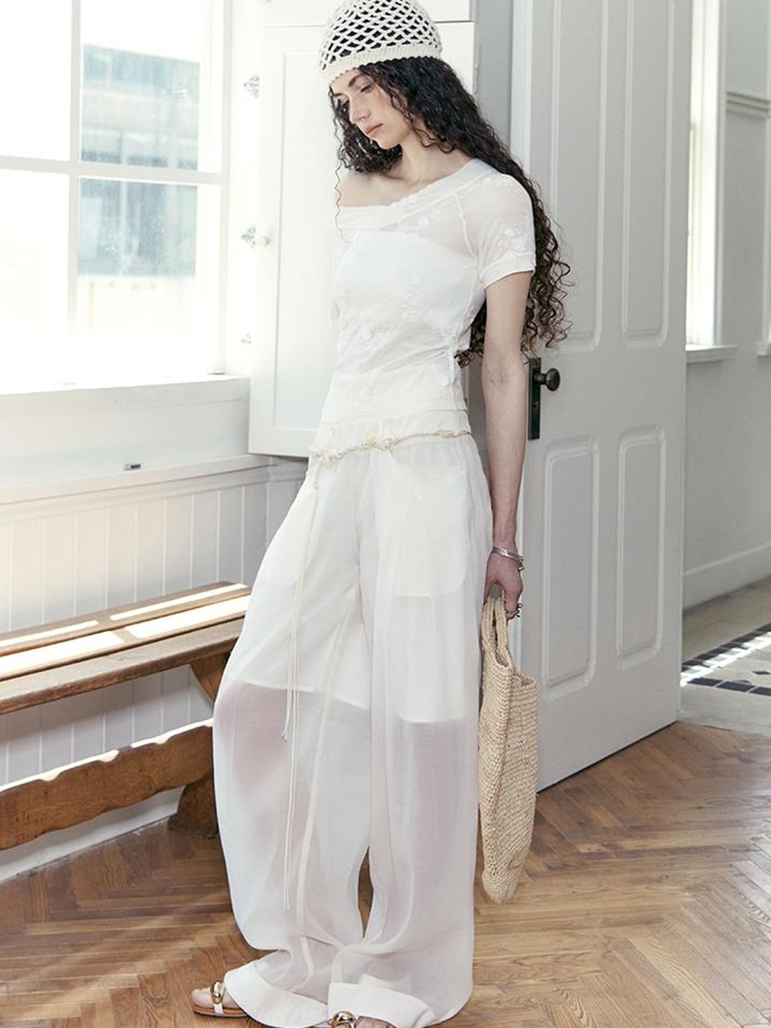 AnnoMundi Hand Beaded Wide Leg Palazzo Pants with Sheer Panels