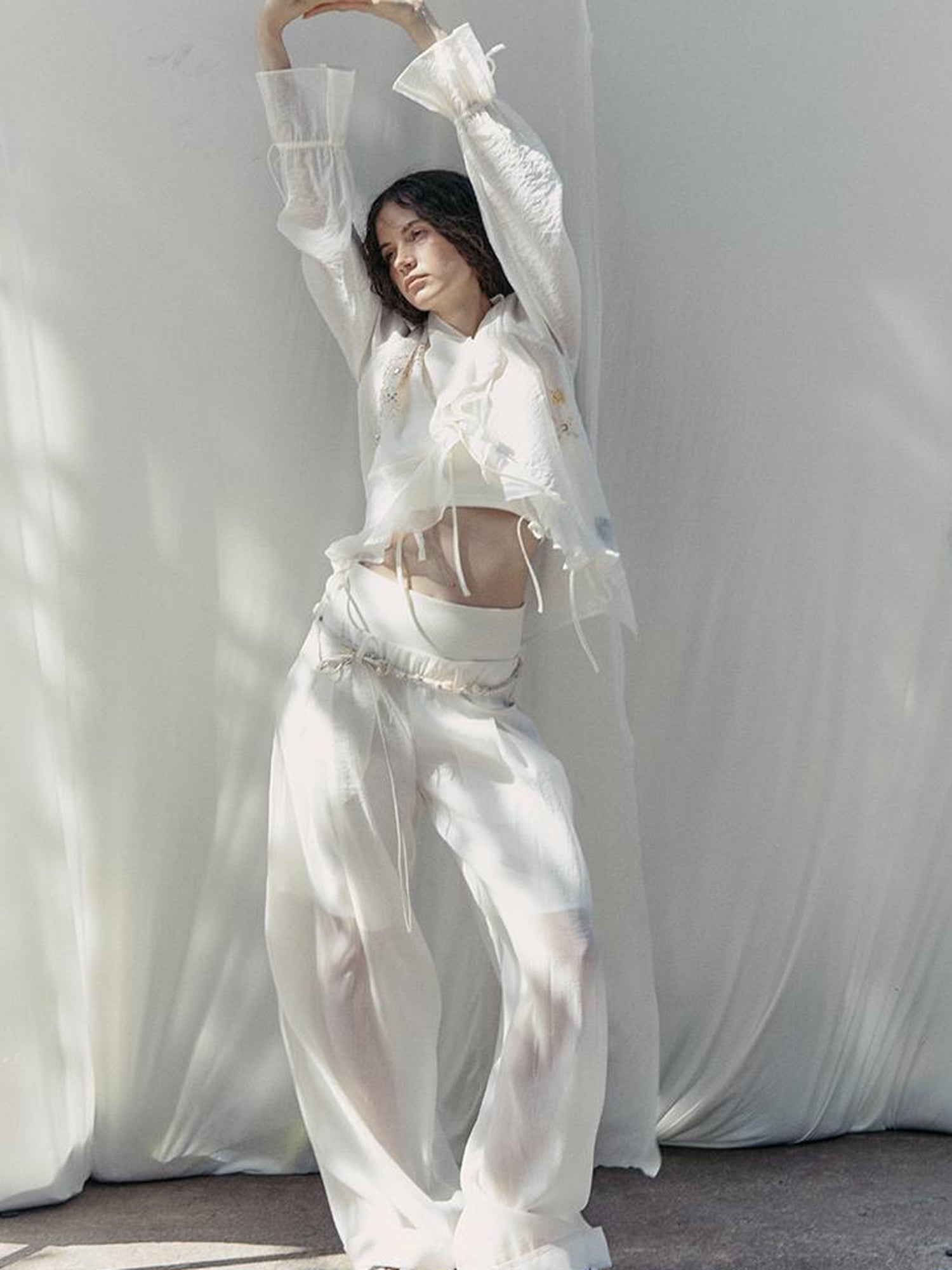 AnnoMundi Hand Beaded Wide Leg Palazzo Pants with Sheer Panels