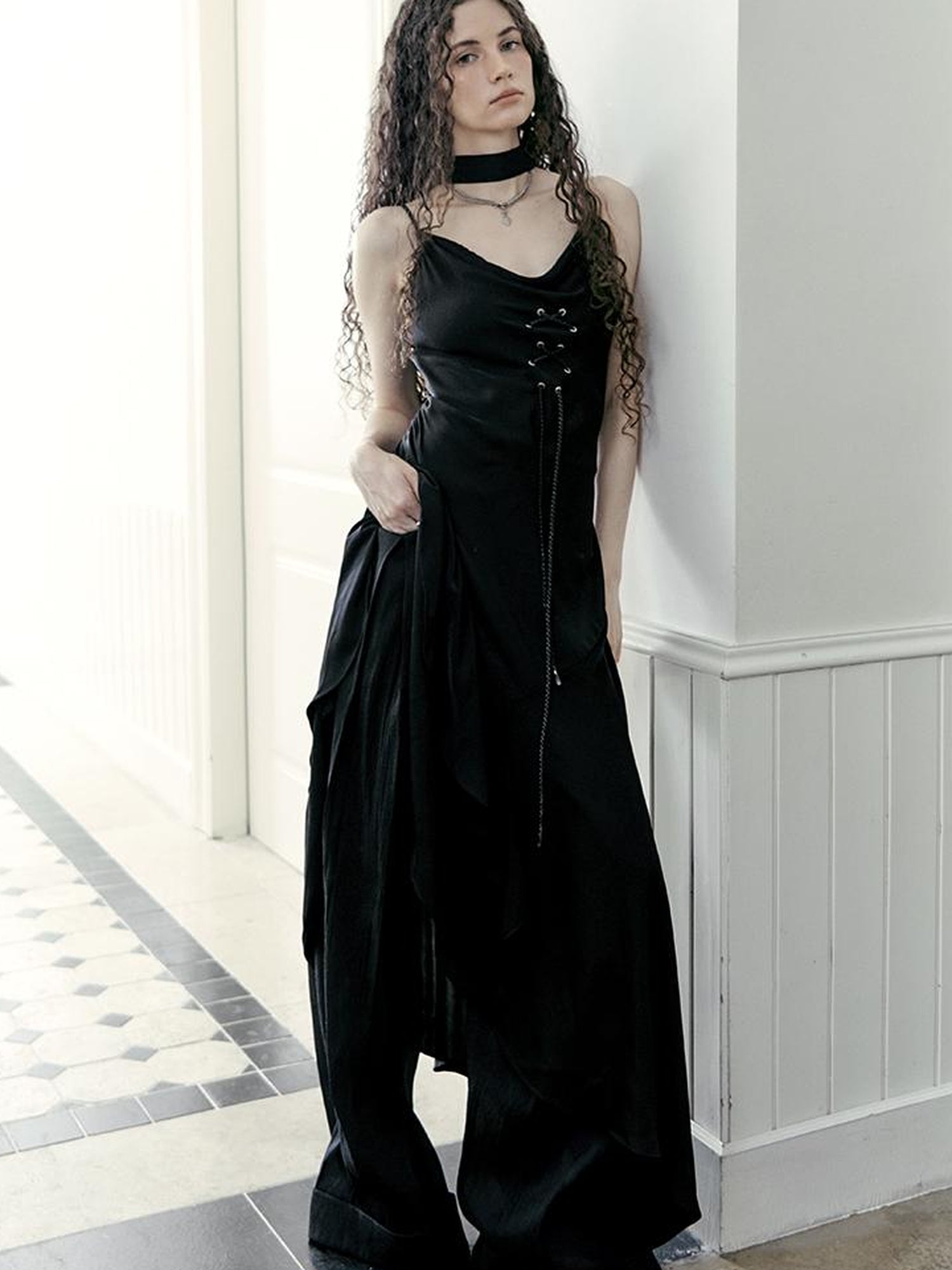 AnnoMundi Hand Beaded Wide Leg Palazzo Pants with Sheer Panels