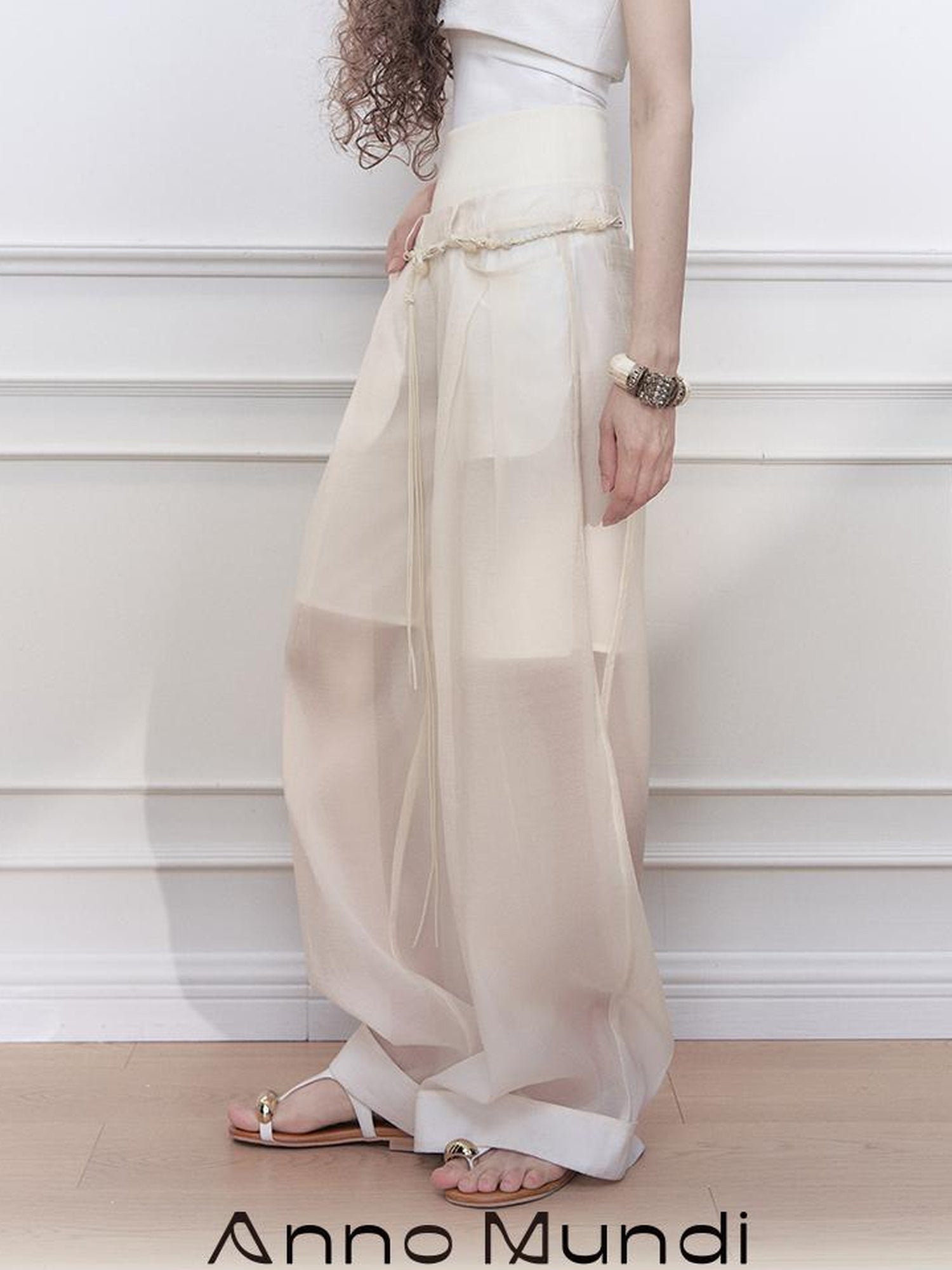 AnnoMundi Hand Beaded Wide Leg Palazzo Pants with Sheer Panels