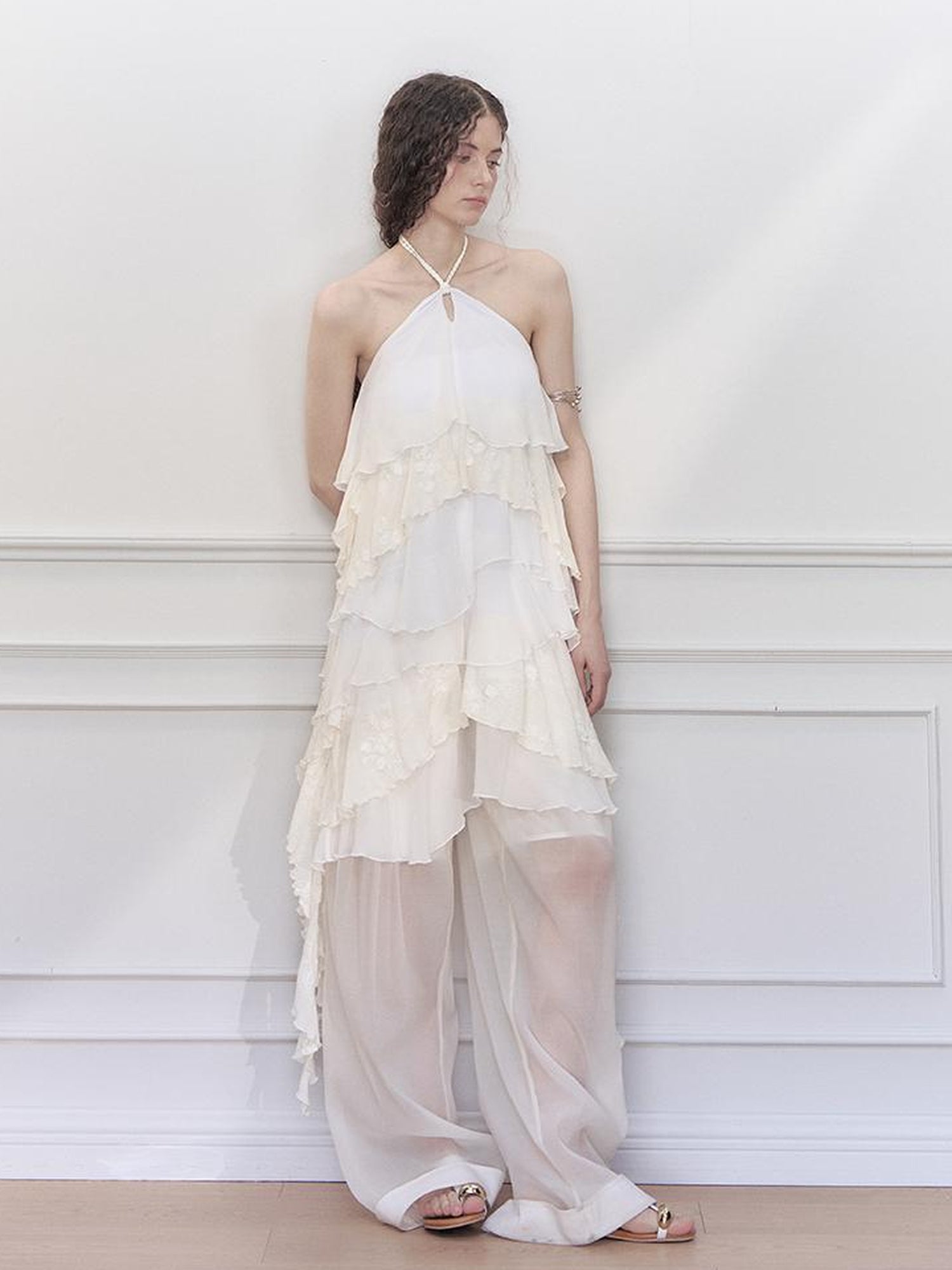 AnnoMundi Hand Beaded Wide Leg Palazzo Pants with Sheer Panels