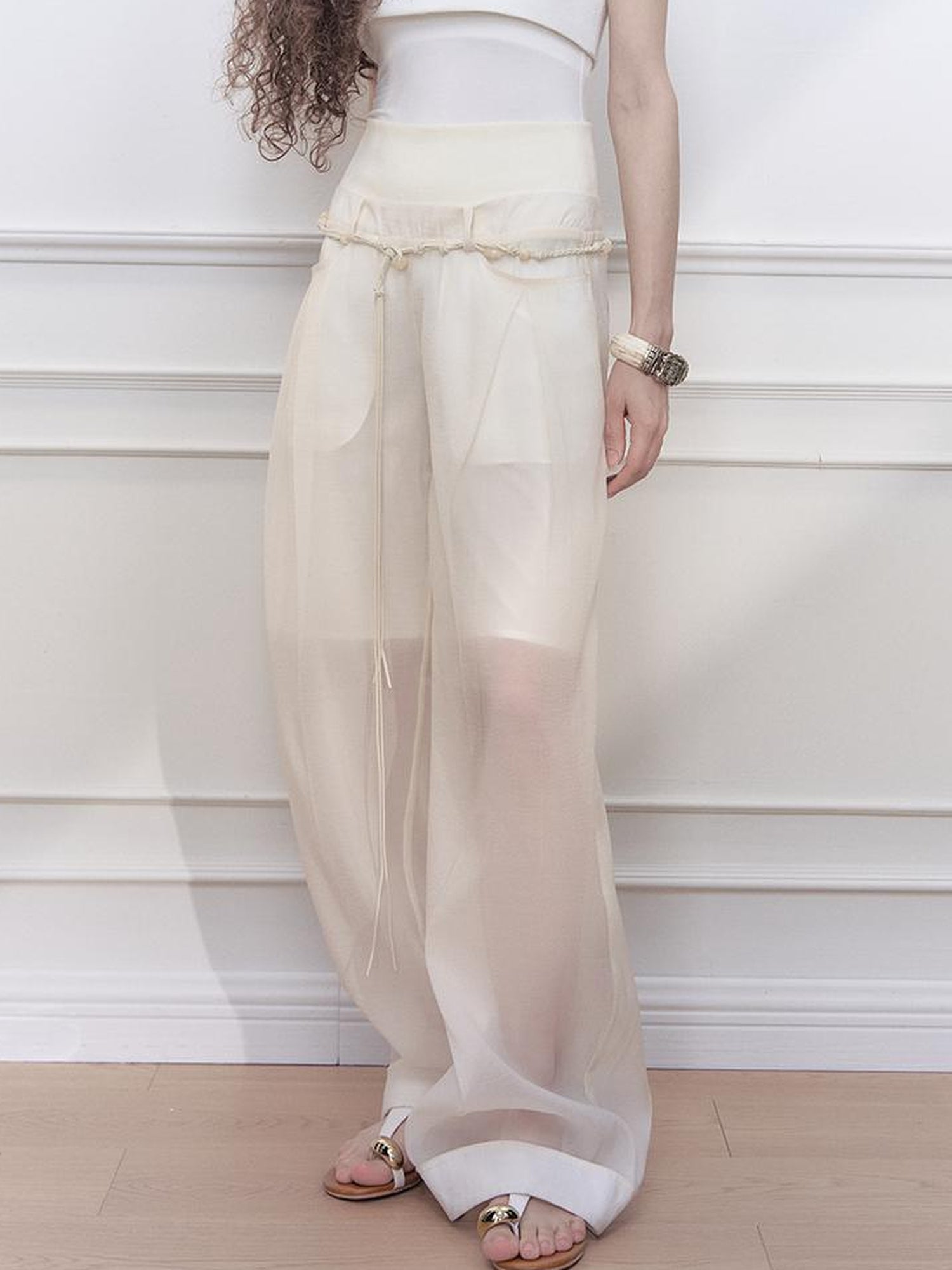 AnnoMundi Hand Beaded Wide Leg Palazzo Pants with Sheer Panels