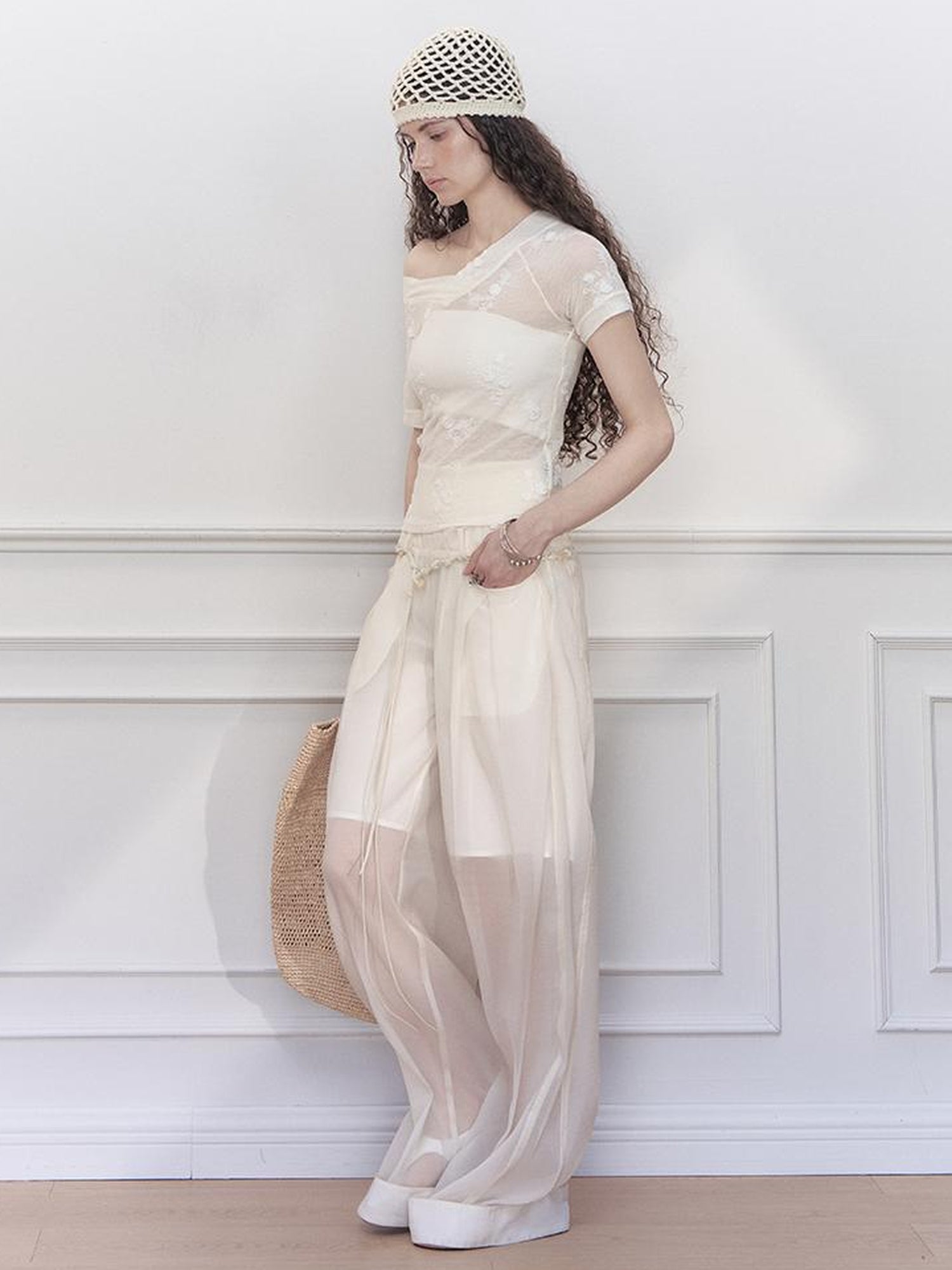 AnnoMundi Hand Beaded Wide Leg Palazzo Pants with Sheer Panels