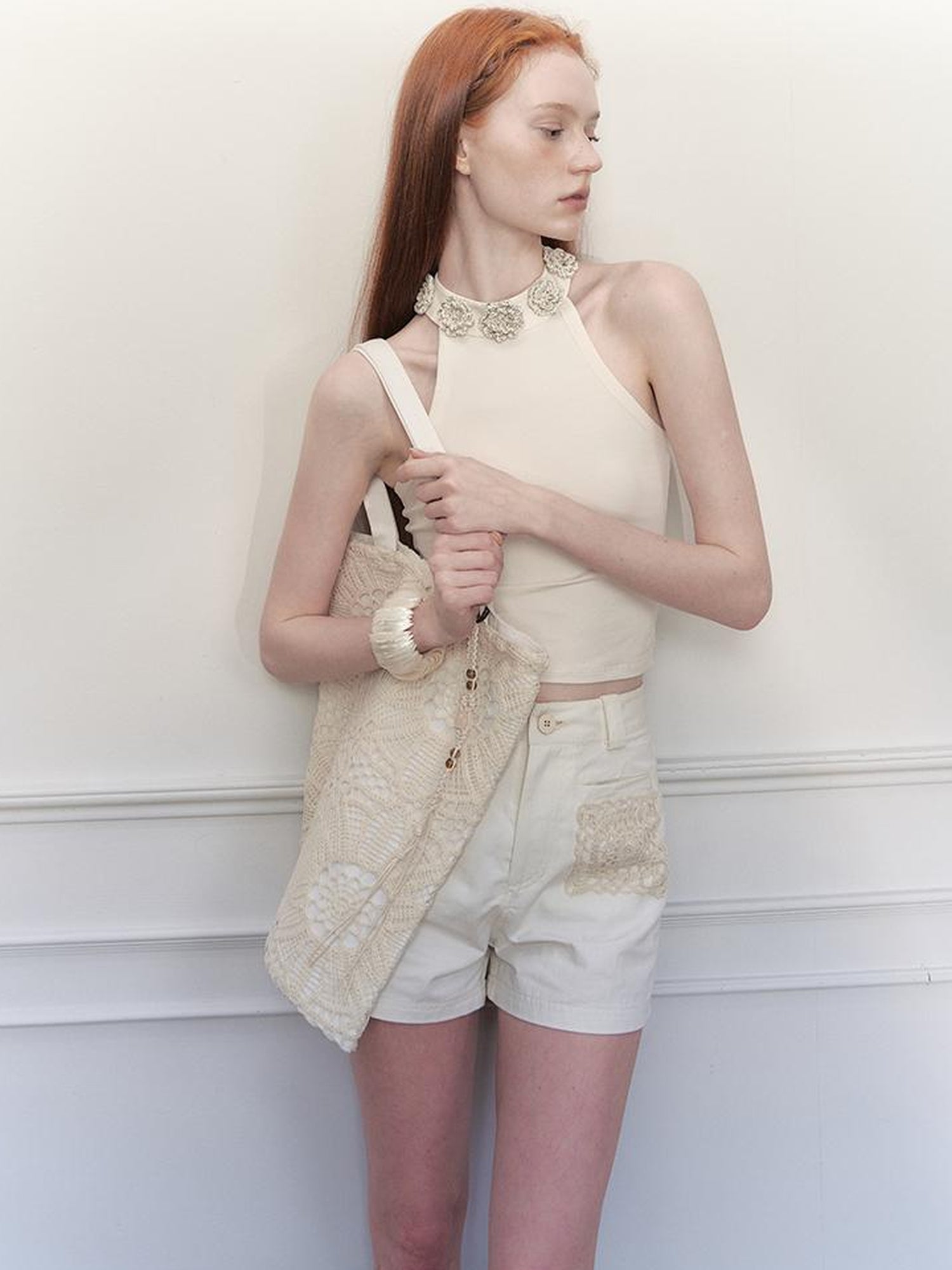 AnnoMundi Hand Crochet Floral Round Neck Halter Top