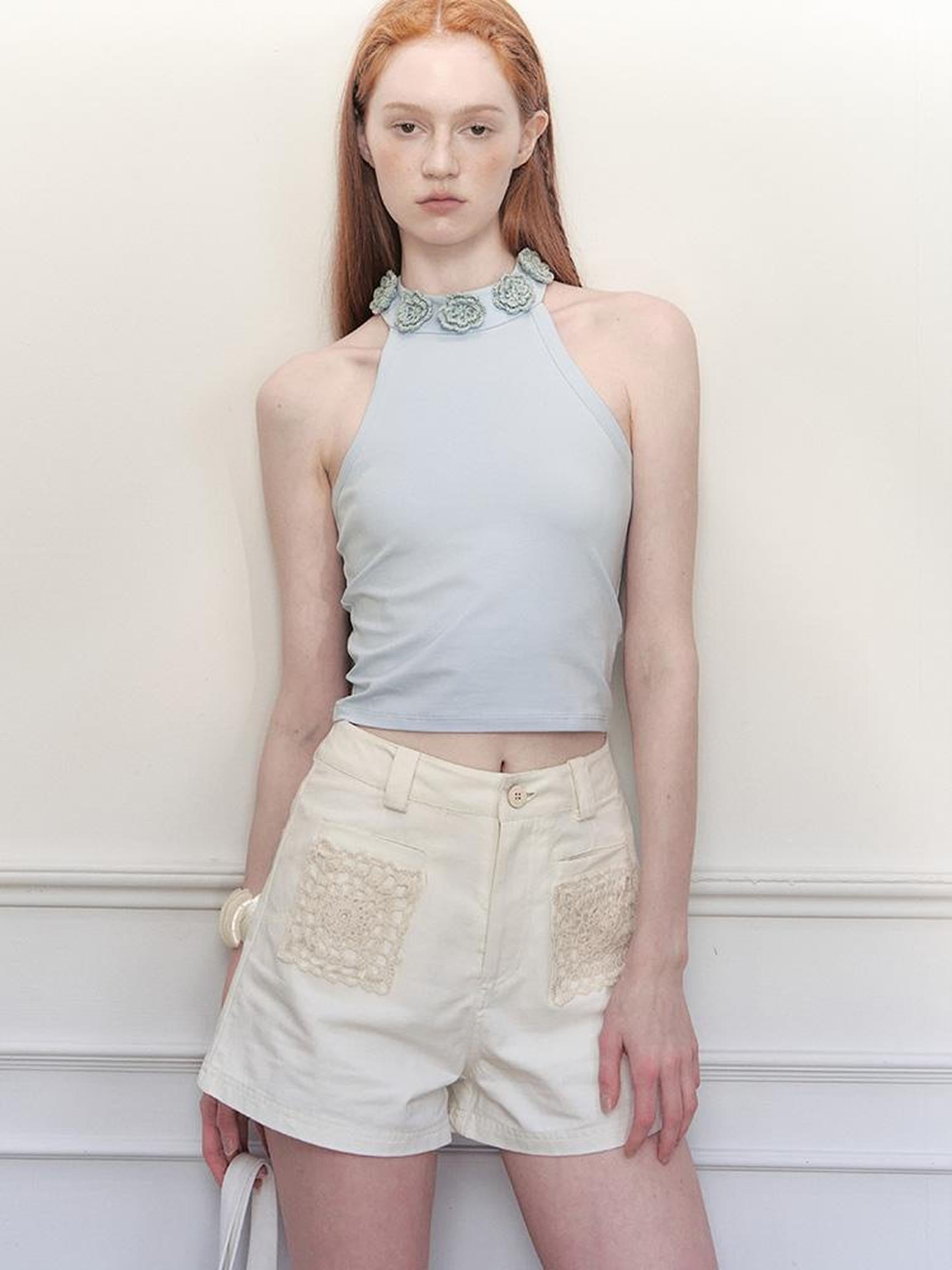 AnnoMundi Hand Crochet Floral Round Neck Halter Top