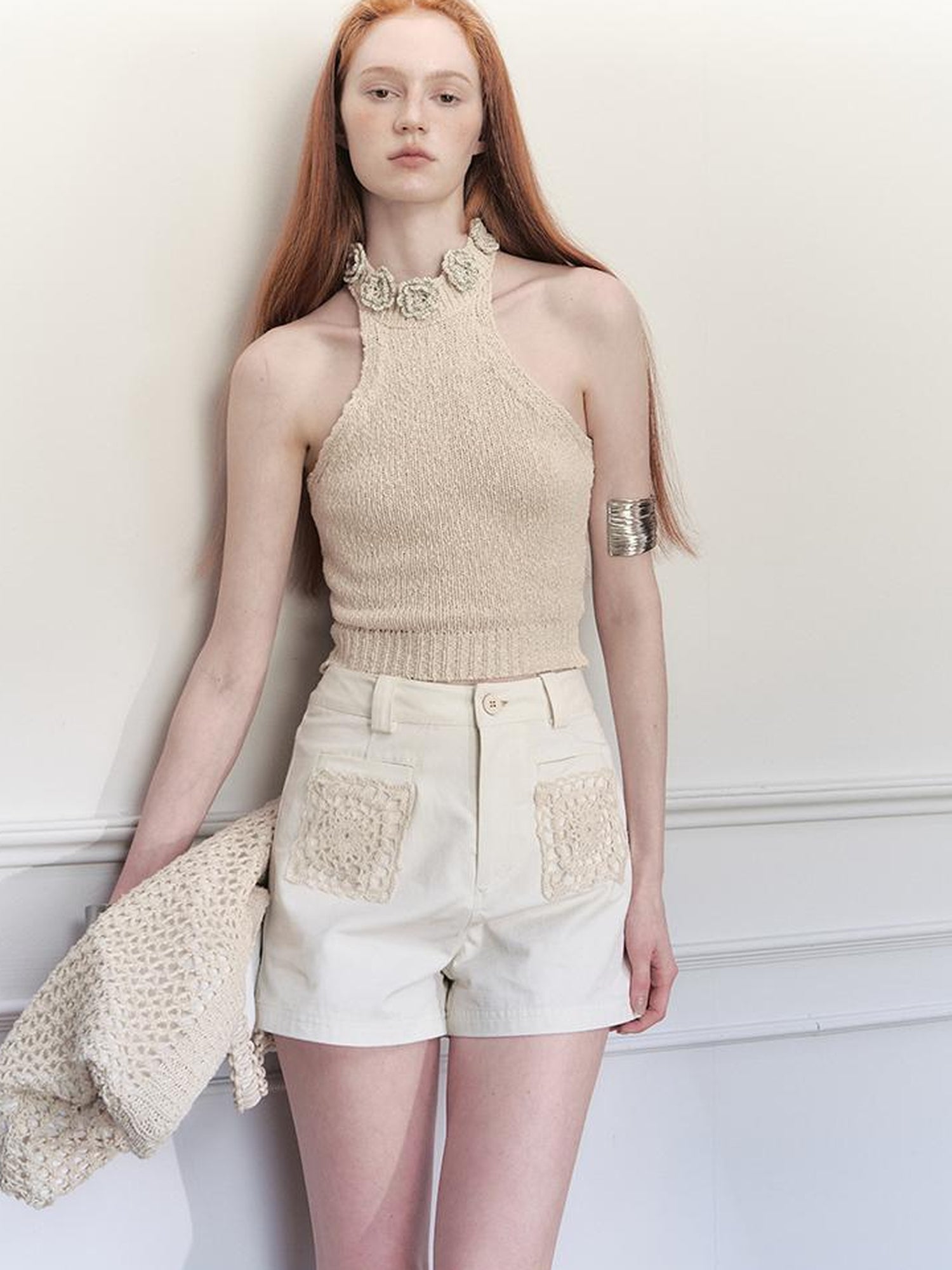 AnnoMundi Hand Crochet Floral Round Neck Halter Top