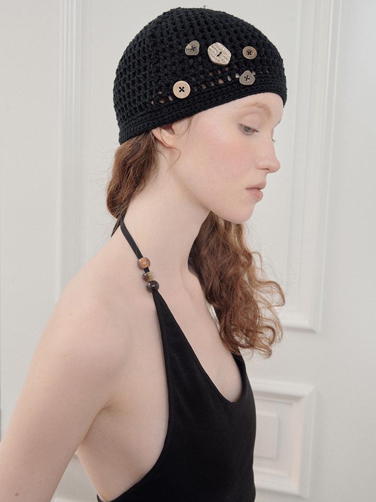 AnnoMundi Hand Crocheted Cotton Mesh Cap With Buttons