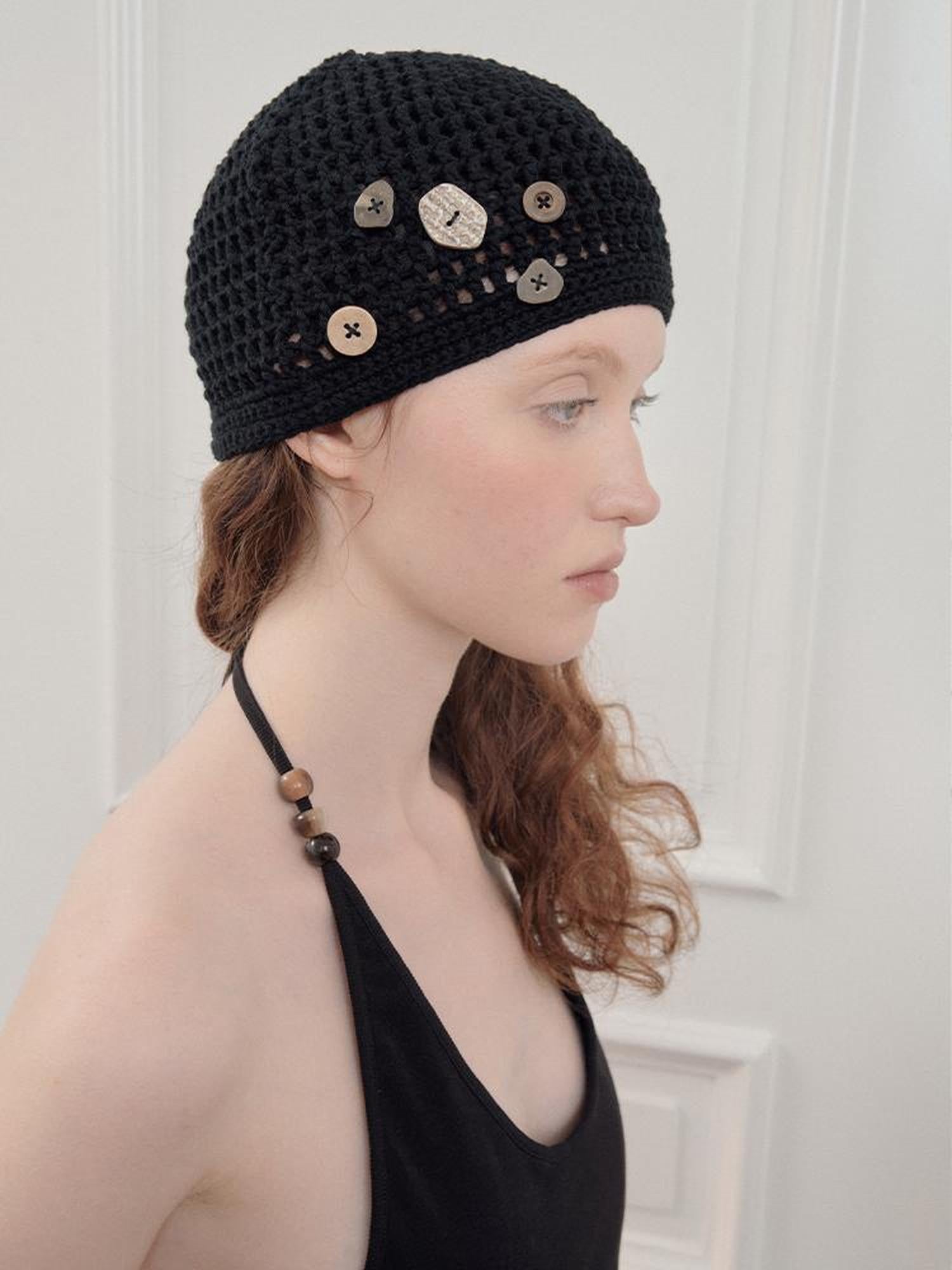 AnnoMundi Hand Crocheted Cotton Mesh Cap With Buttons