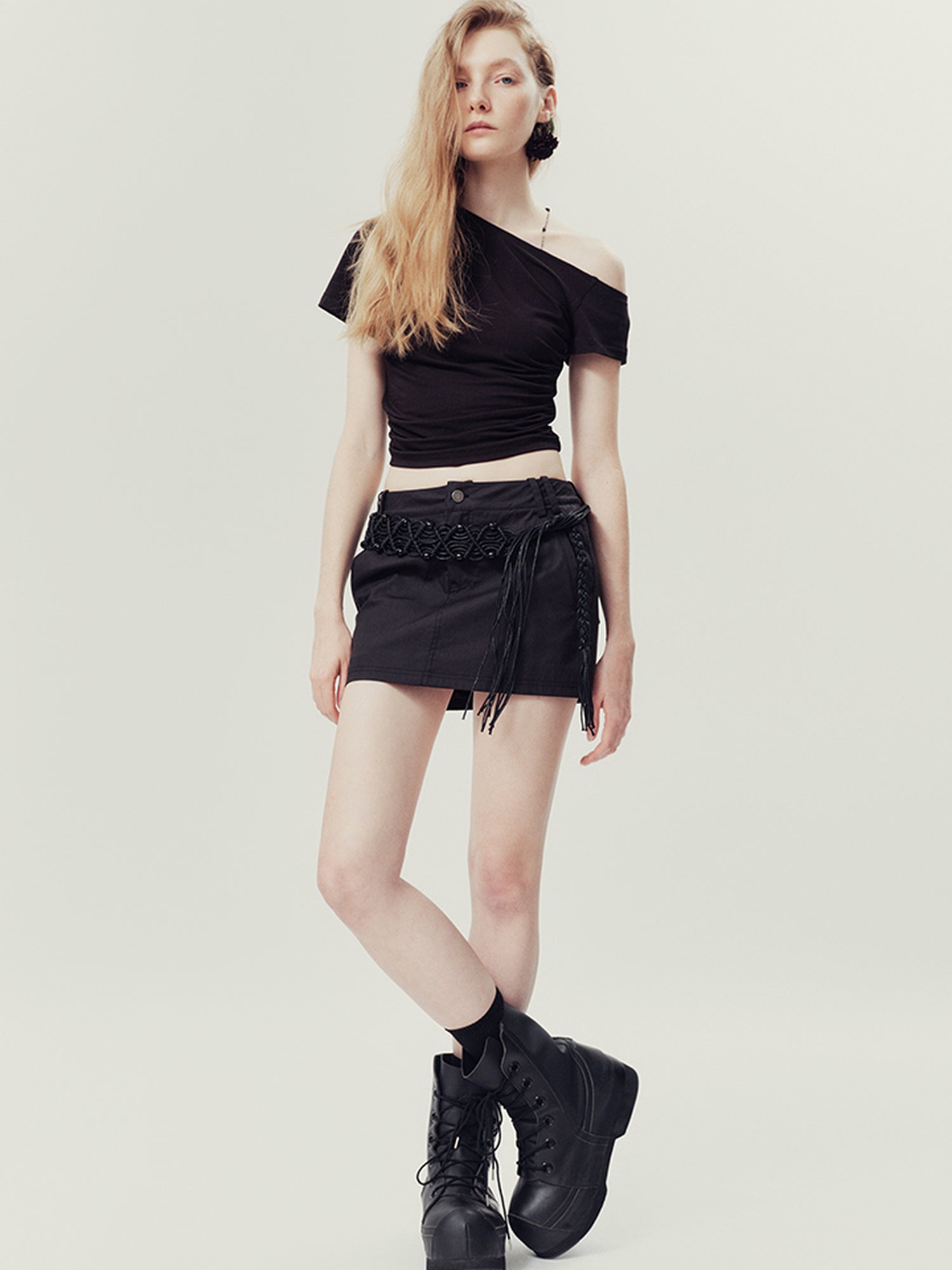 AnnoMundi Handwoven Beaded Rope Belt Low Waist A Line Mini Skirt