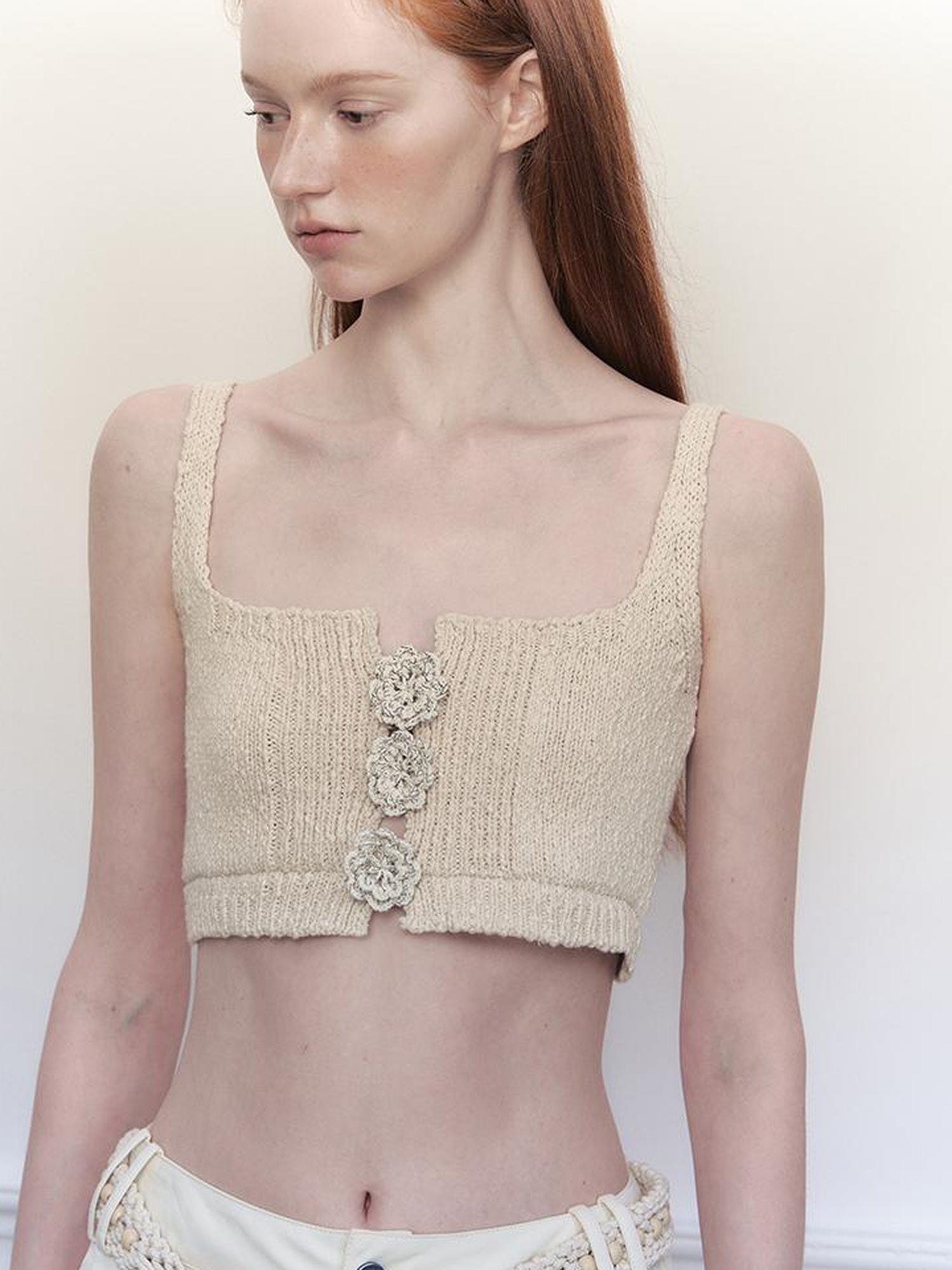 AnnoMundi Handwoven Floral Square Neckline Cotton Camisole Top
