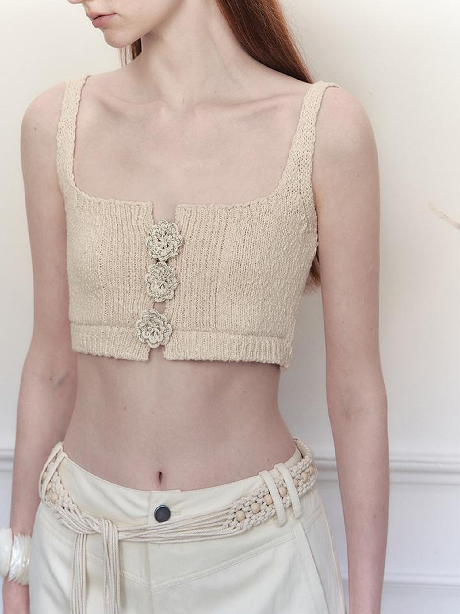 AnnoMundi Handwoven Floral Square Neckline Cotton Camisole Top