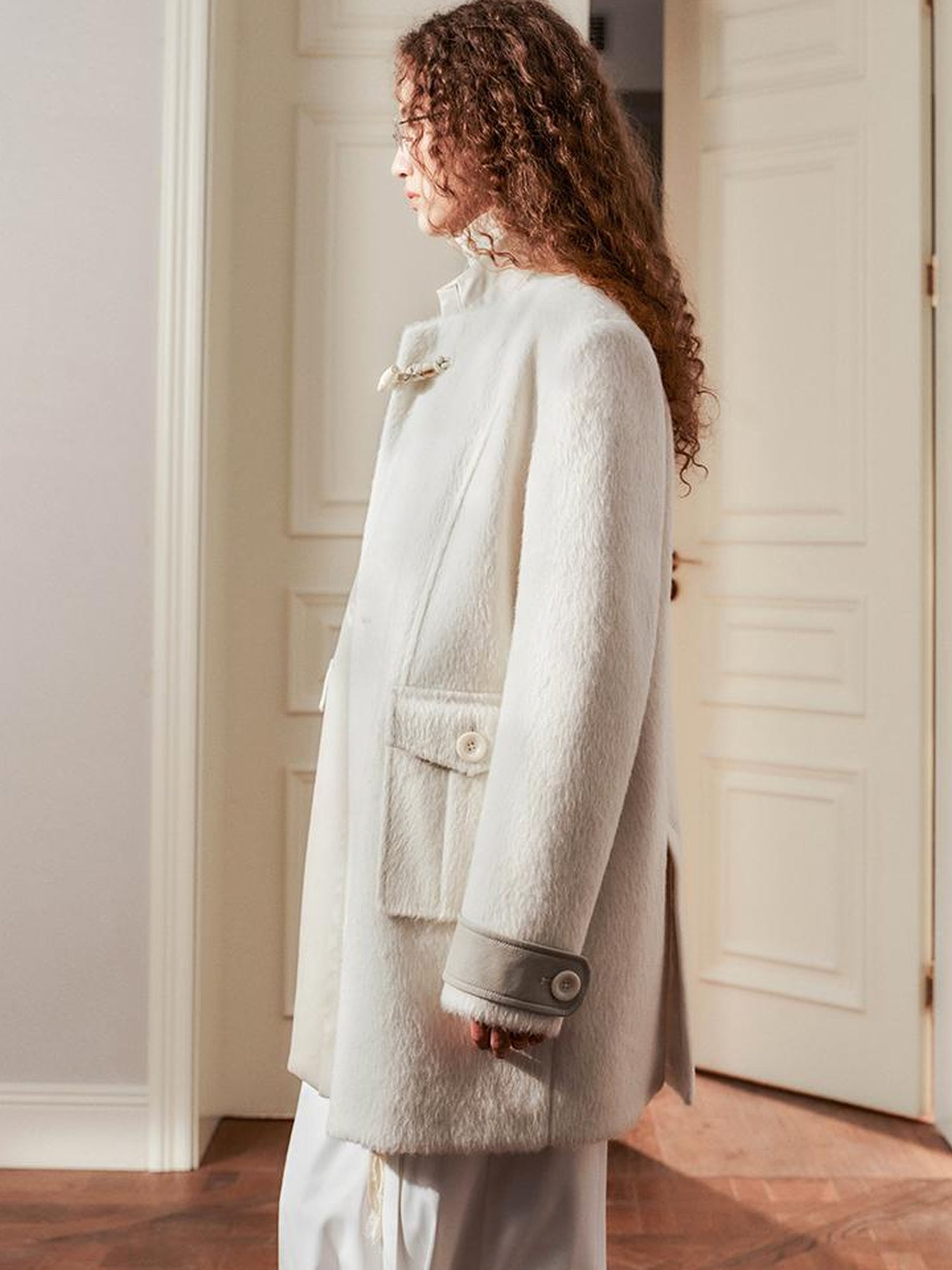 AnnoMundi Handwoven Horn Button Wool Coat with Fleece Lining