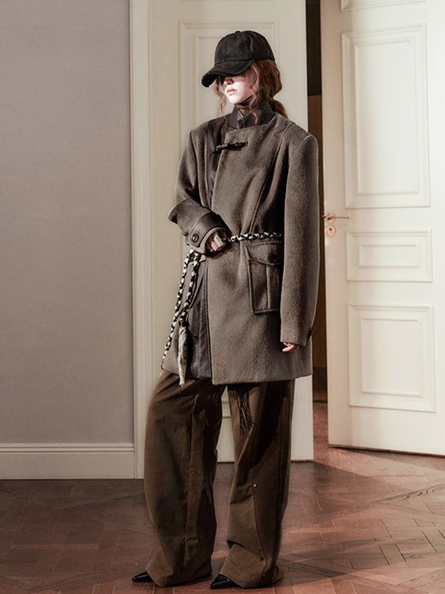 AnnoMundi Handwoven Horn Button Wool Coat with Fleece Lining
