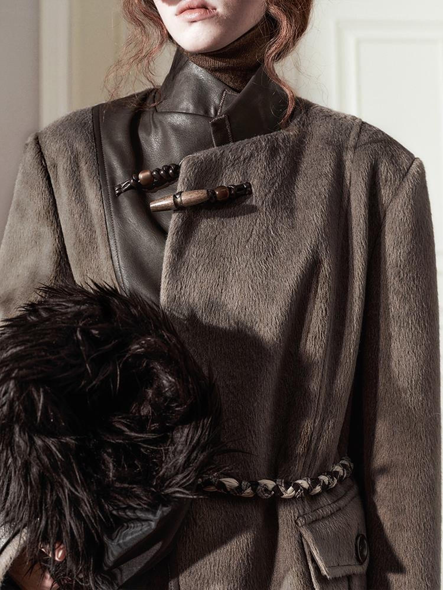 AnnoMundi Handwoven Horn Button Wool Coat with Fleece Lining